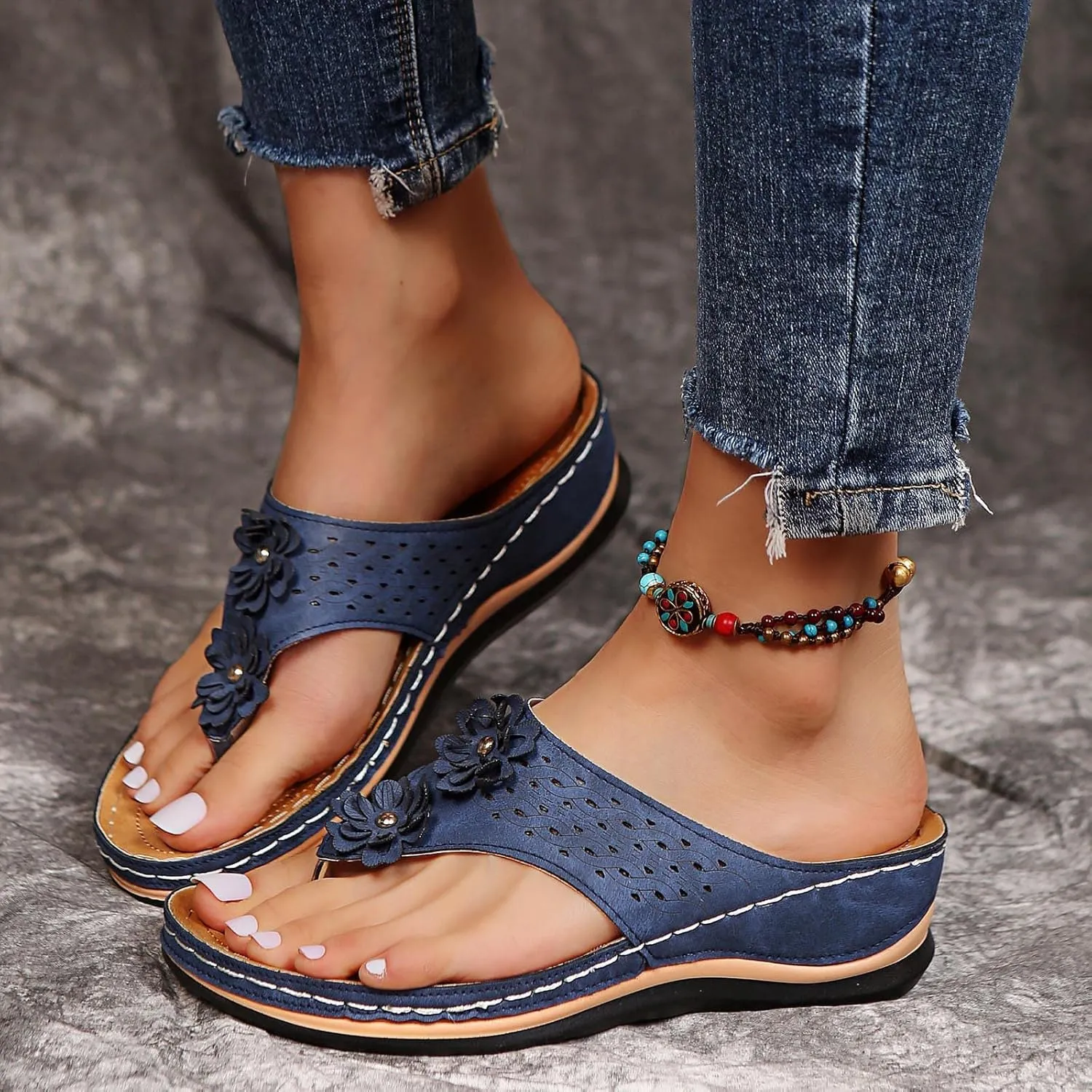 Cathalem Orthopedic Sandals for Women Wedge Sandals with Arch Support Comfortable Walking Slip on Sandals Platform Sandals