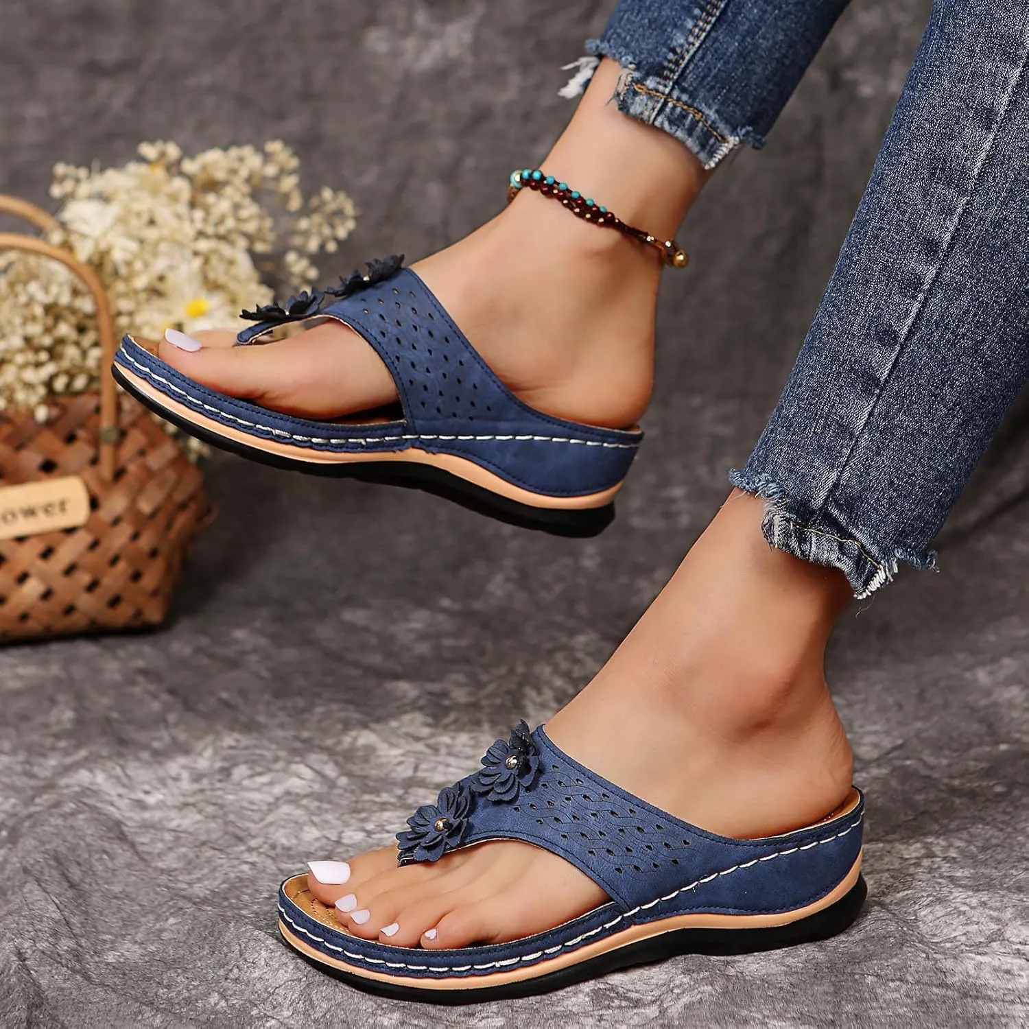 Cathalem Orthopedic Sandals for Women Wedge Sandals with Arch Support Comfortable Walking Slip on Sandals Platform Sandals