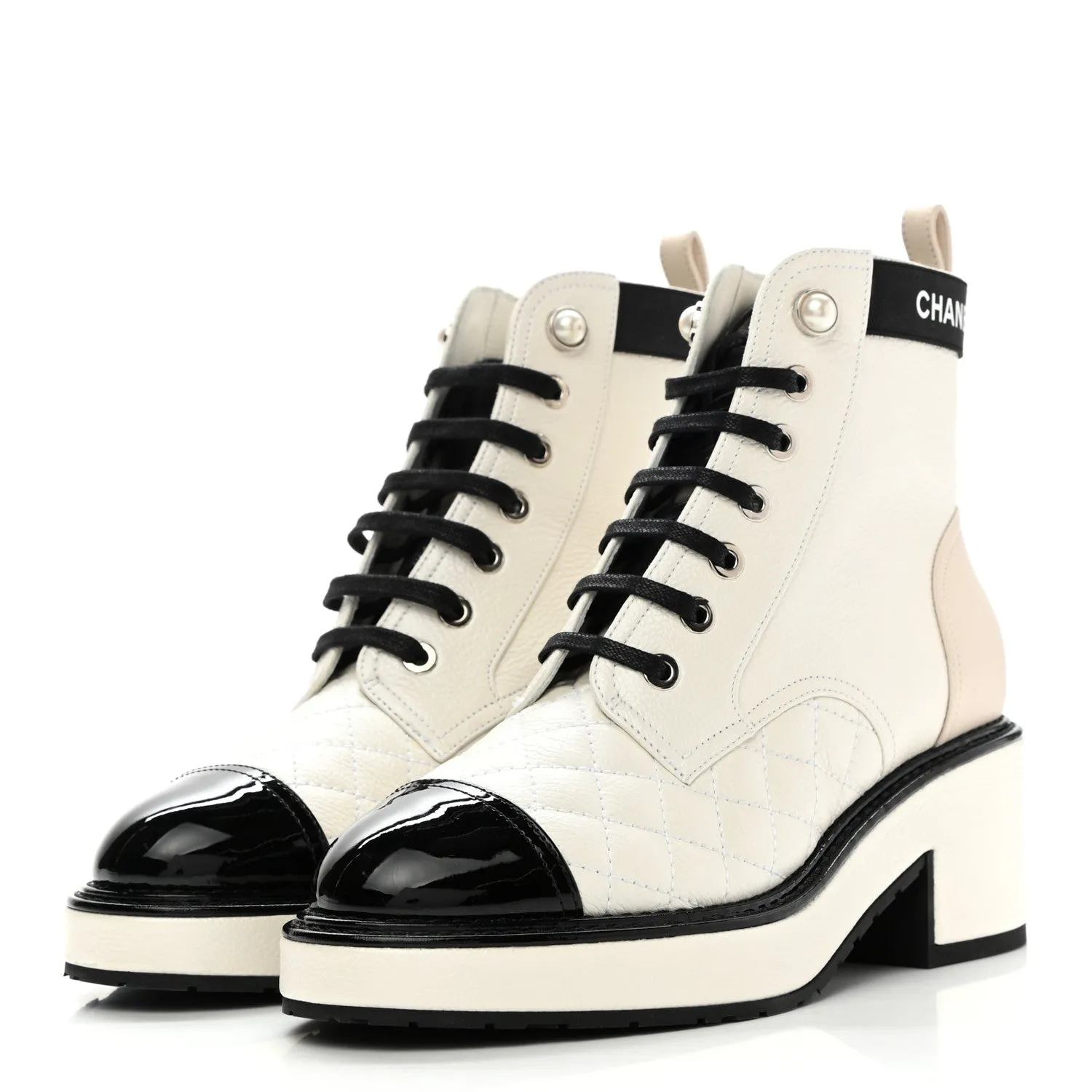 CHANEL PEARLY CALFSKIN QUILTED LACE-UP BOOTS