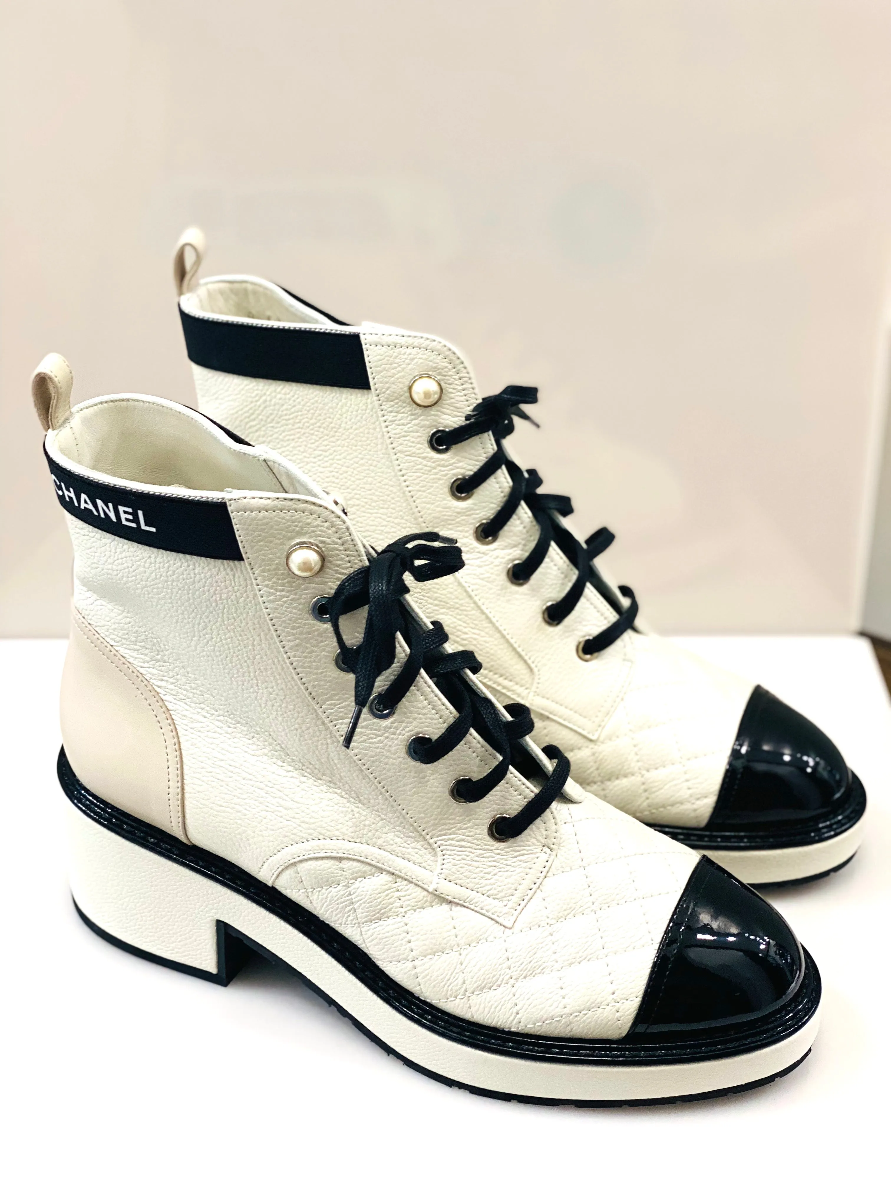 CHANEL PEARLY CALFSKIN QUILTED LACE-UP BOOTS