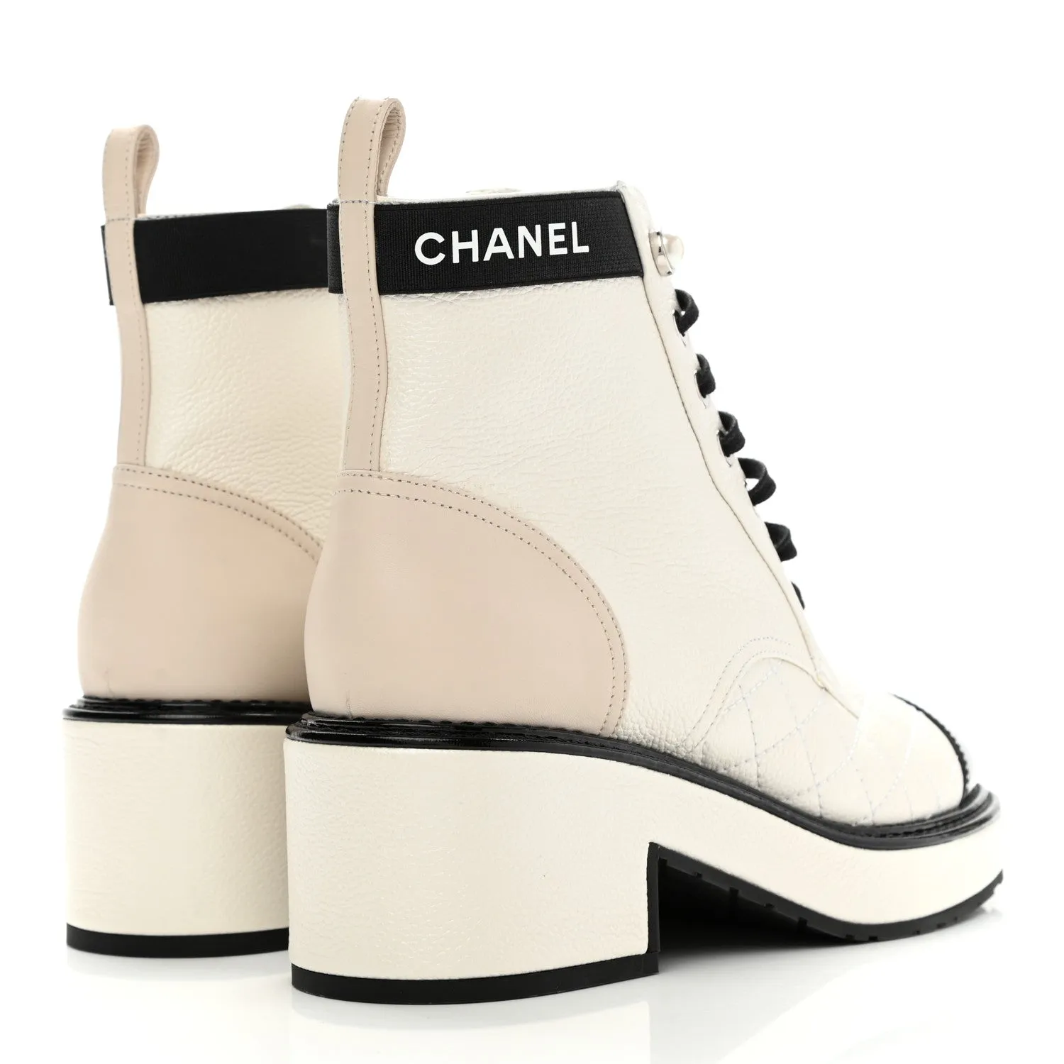 CHANEL PEARLY CALFSKIN QUILTED LACE-UP BOOTS