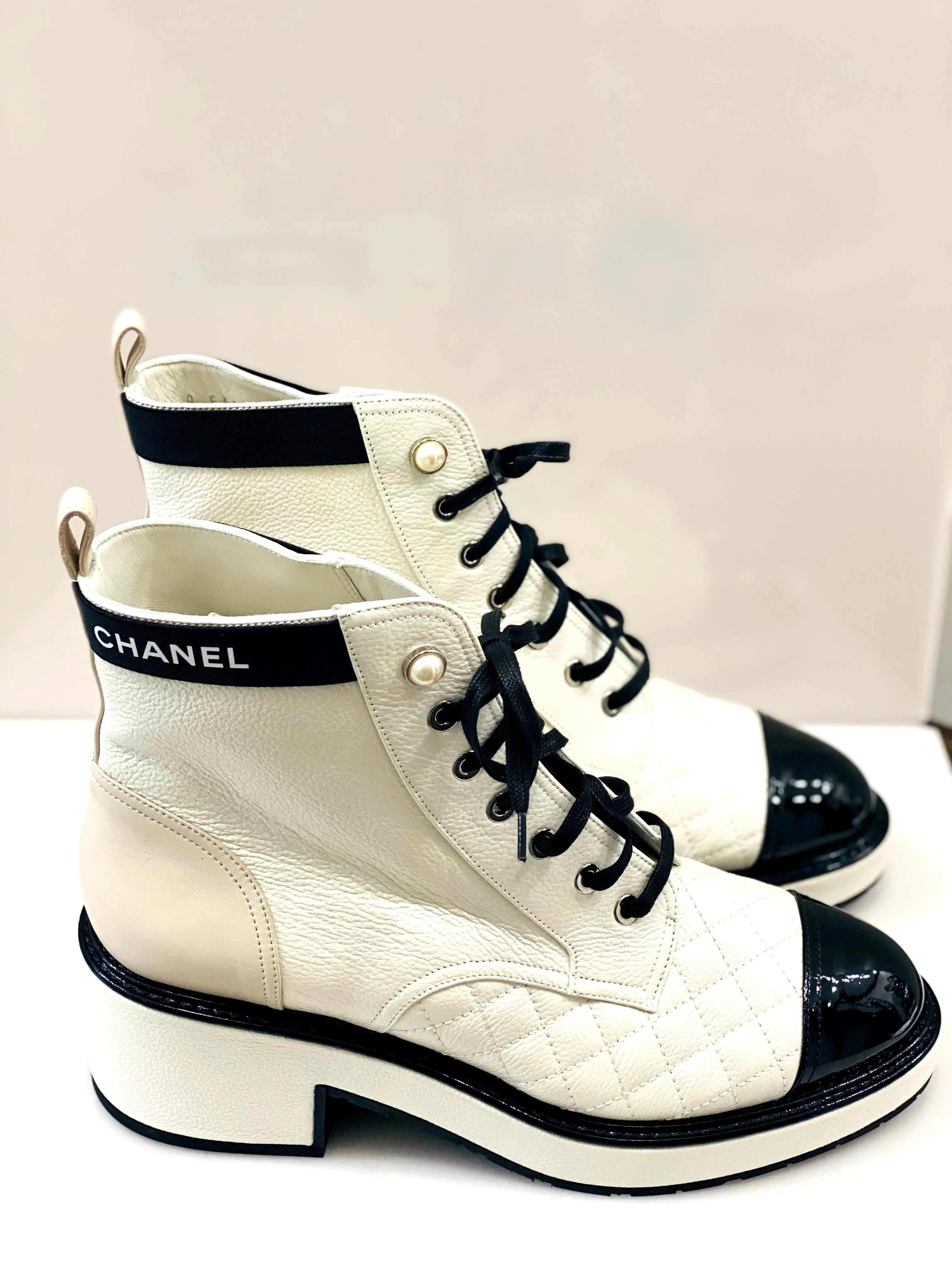 CHANEL PEARLY CALFSKIN QUILTED LACE-UP BOOTS