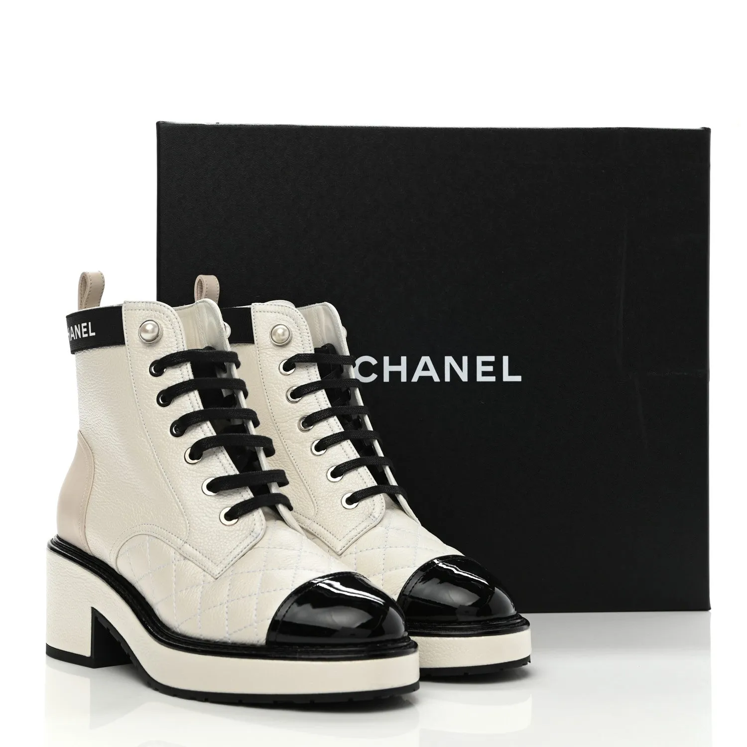 CHANEL PEARLY CALFSKIN QUILTED LACE-UP BOOTS