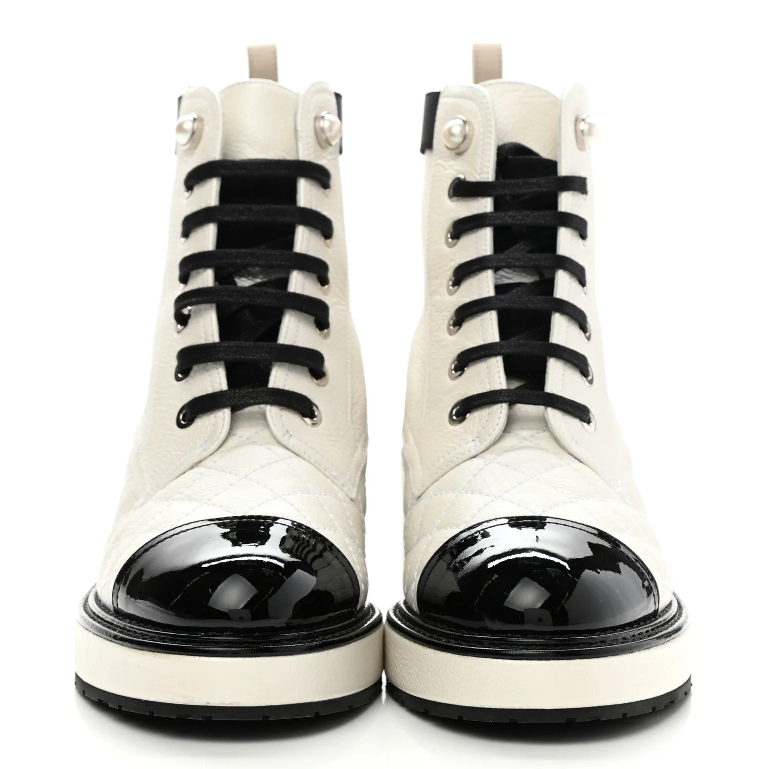 CHANEL PEARLY CALFSKIN QUILTED LACE-UP BOOTS