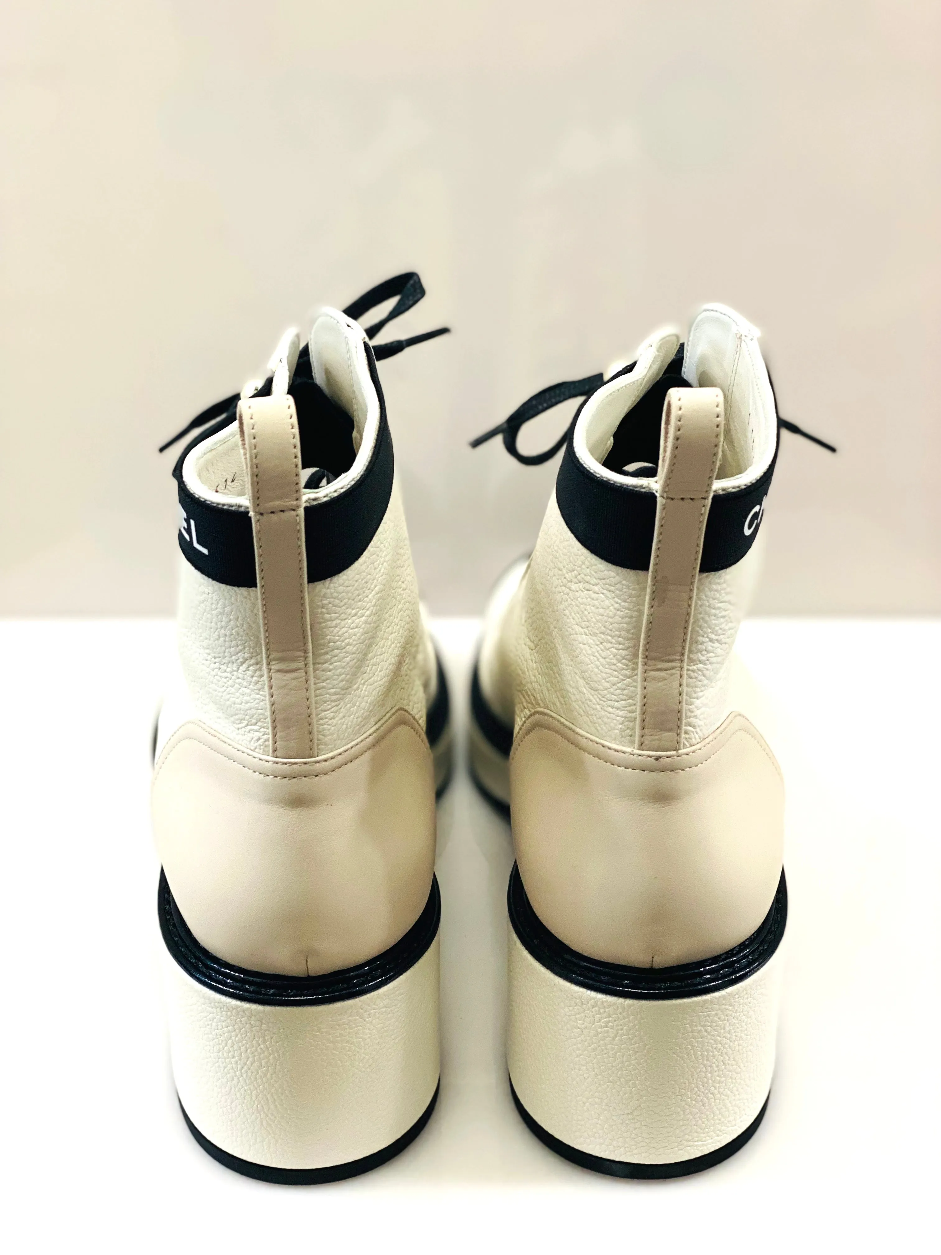 CHANEL PEARLY CALFSKIN QUILTED LACE-UP BOOTS