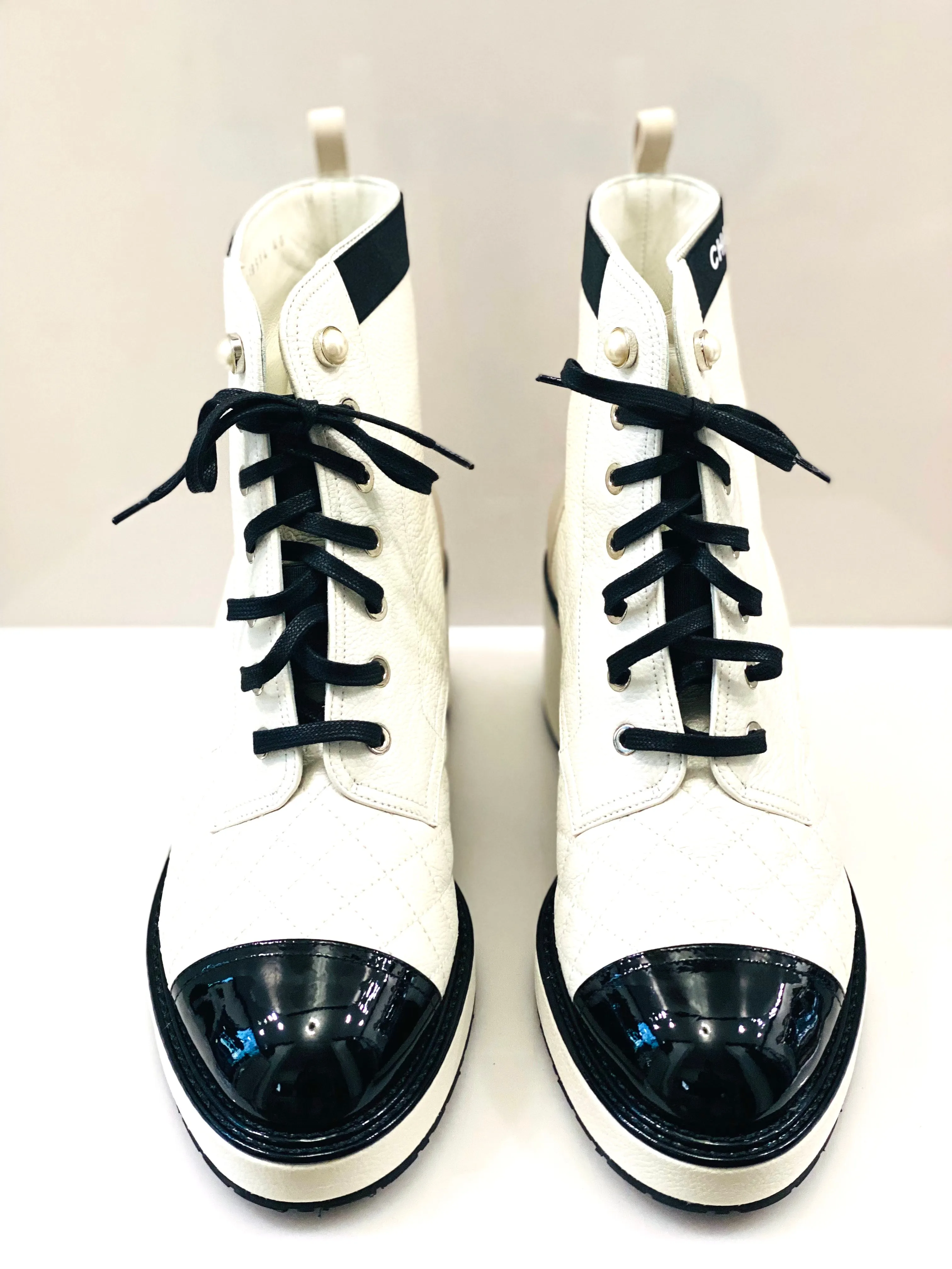 CHANEL PEARLY CALFSKIN QUILTED LACE-UP BOOTS
