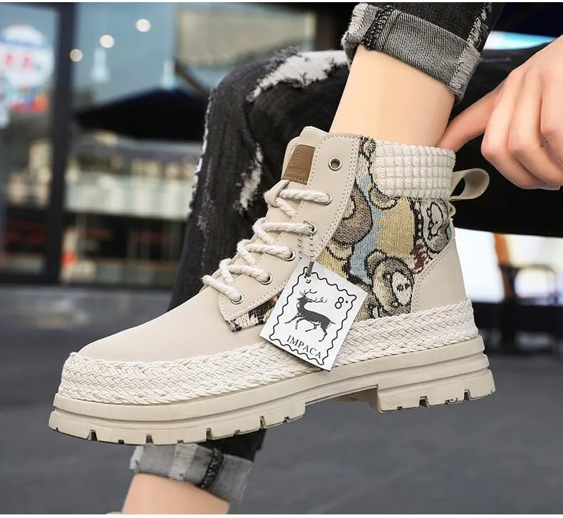 Classic PU Leather High Top Boots for Men - Comfy & Durable Hiking Shoes for Outdoor Activities