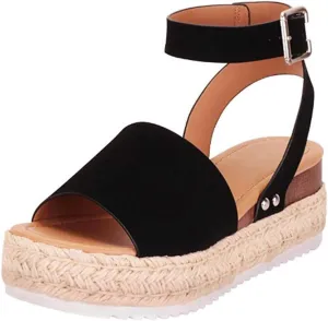 Eduavar Espadrille Sandals for Women, Sandals for Women Casual Summer Open Toe Wedge Chunky Heel Sandals with Buckle Strap