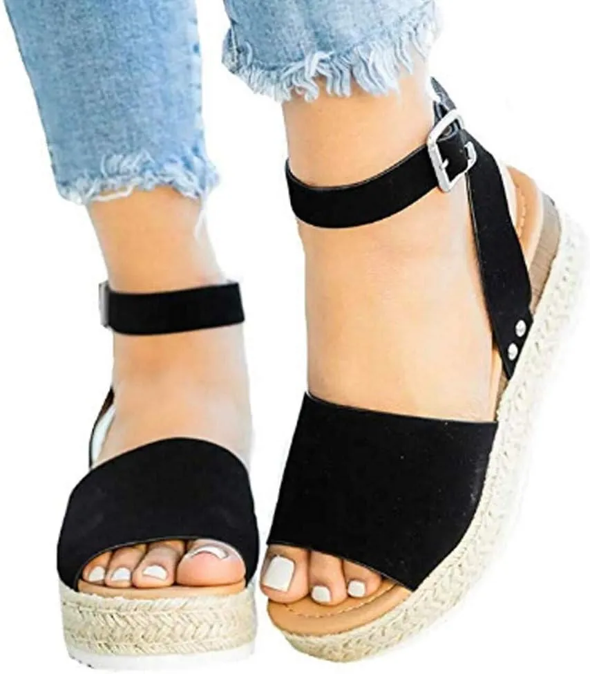 Eduavar Espadrille Sandals for Women, Sandals for Women Casual Summer Open Toe Wedge Chunky Heel Sandals with Buckle Strap