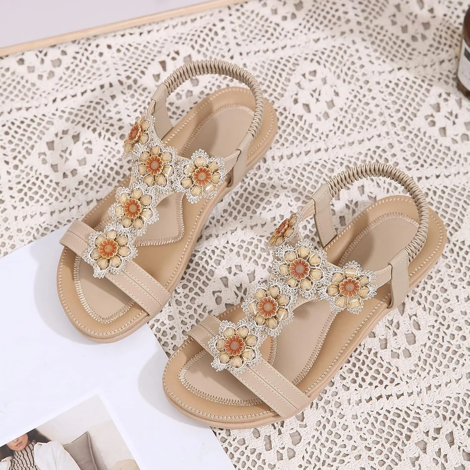 Eduavar Orthopedic Sandals for Women, Womens Sandals Comfortable Bohemia Crystal Open Toe Low Wedge Sandals Breathable Sandal