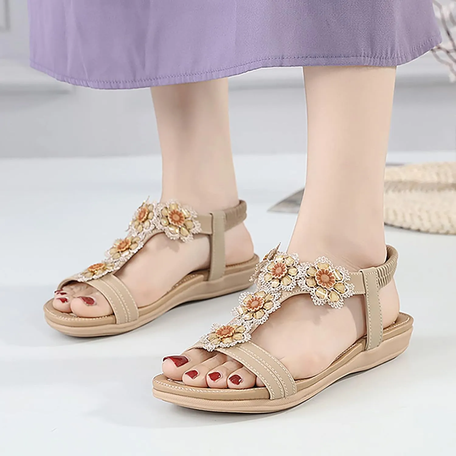 Eduavar Orthopedic Sandals for Women, Womens Sandals Comfortable Bohemia Crystal Open Toe Low Wedge Sandals Breathable Sandal