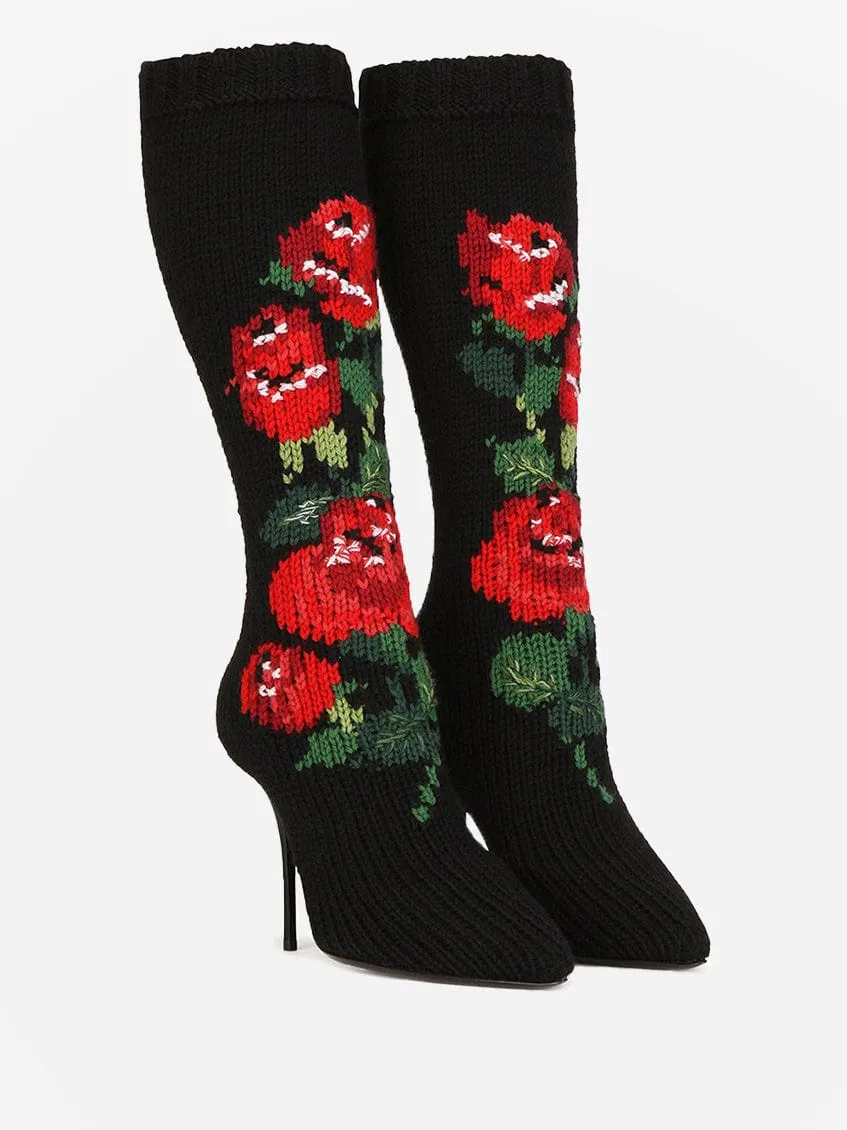 Floral-Knit Stiletto Boots