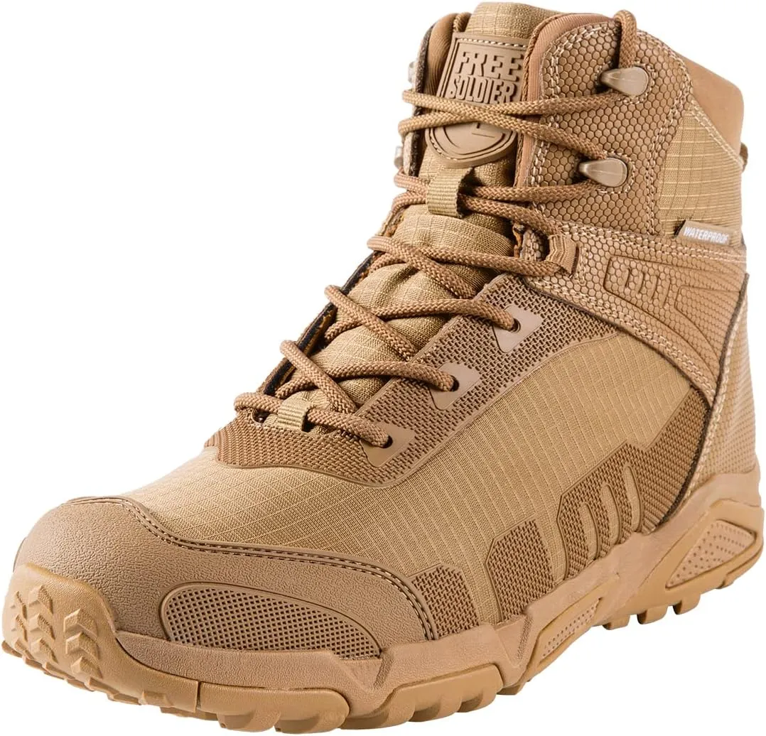 FREE SOLDIER Men's Waterproof Hiking Boots Lightweight Work Boots Military Tactical Boots Durable Combat Boots(Brown, 9 Wide US)