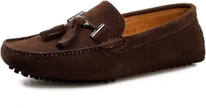 HOOENG Smoking Loafer Driving Moccasins for Men Suede Vamp Stitching Details Genuine Leather Round Toe Comfortable Flat Heel Soft Flexible Resistant Driving (Color : Brown, Size : 9)