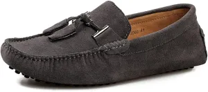 HOOENG Smoking Loafer Driving Moccasins for Men Suede Vamp Stitching Details Genuine Leather Round Toe Comfortable Flat Heel Soft Flexible Resistant Driving (Color : Grey, Size : 12.5)
