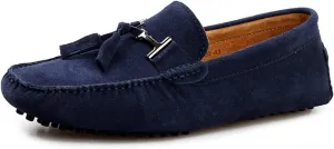 HOOENG Smoking Loafer Driving Moccasins for Men Suede Vamp Stitching Details Genuine Leather Round Toe Comfortable Flat Heel Soft Flexible Resistant Driving (Color : Navy, Size : 8.5)