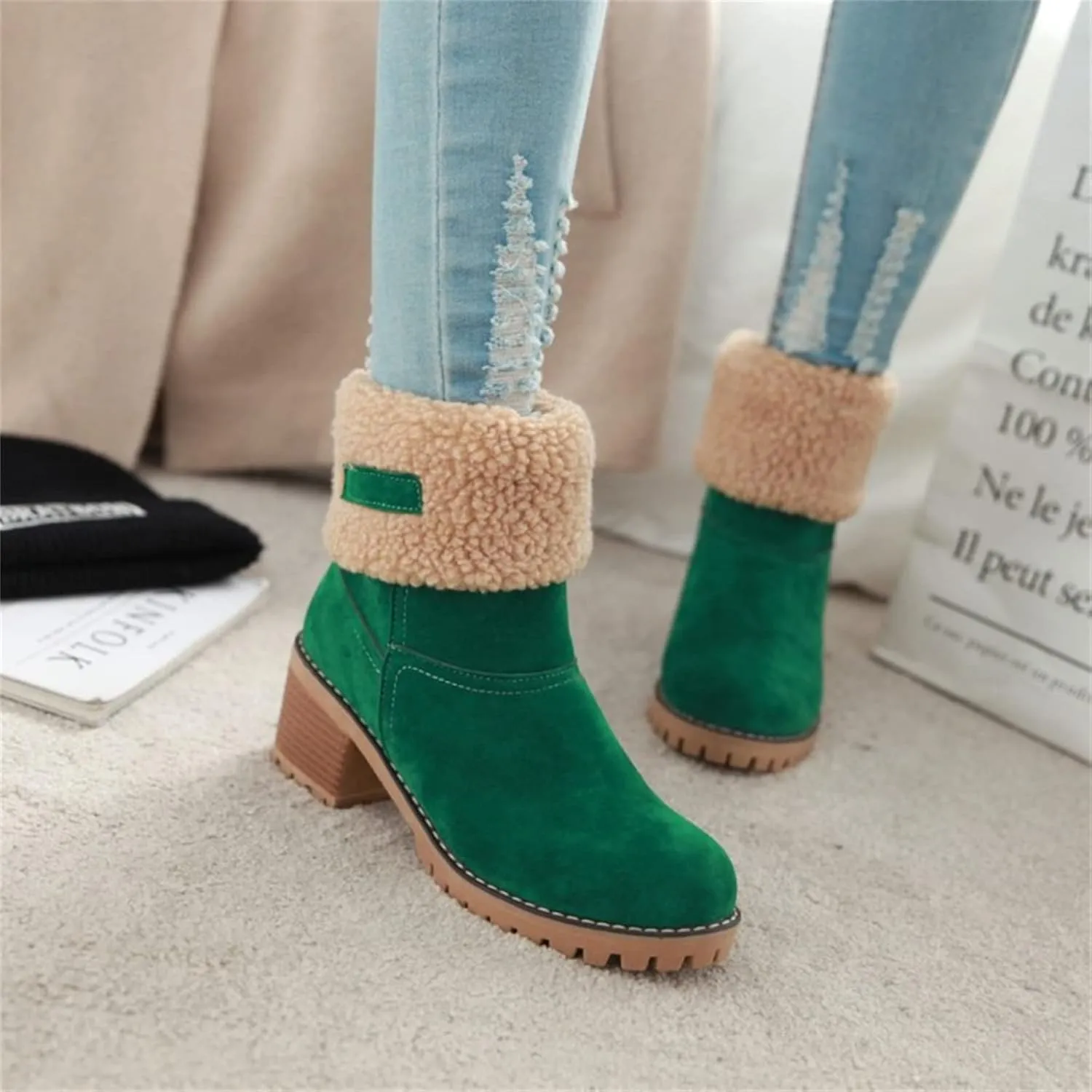 Ladmiple Snow Boots For Women Cute High Top Slip On Winter Warm Ankle Booties Fashion Fur Lined Outdoor Mid Calf Walking Shoe