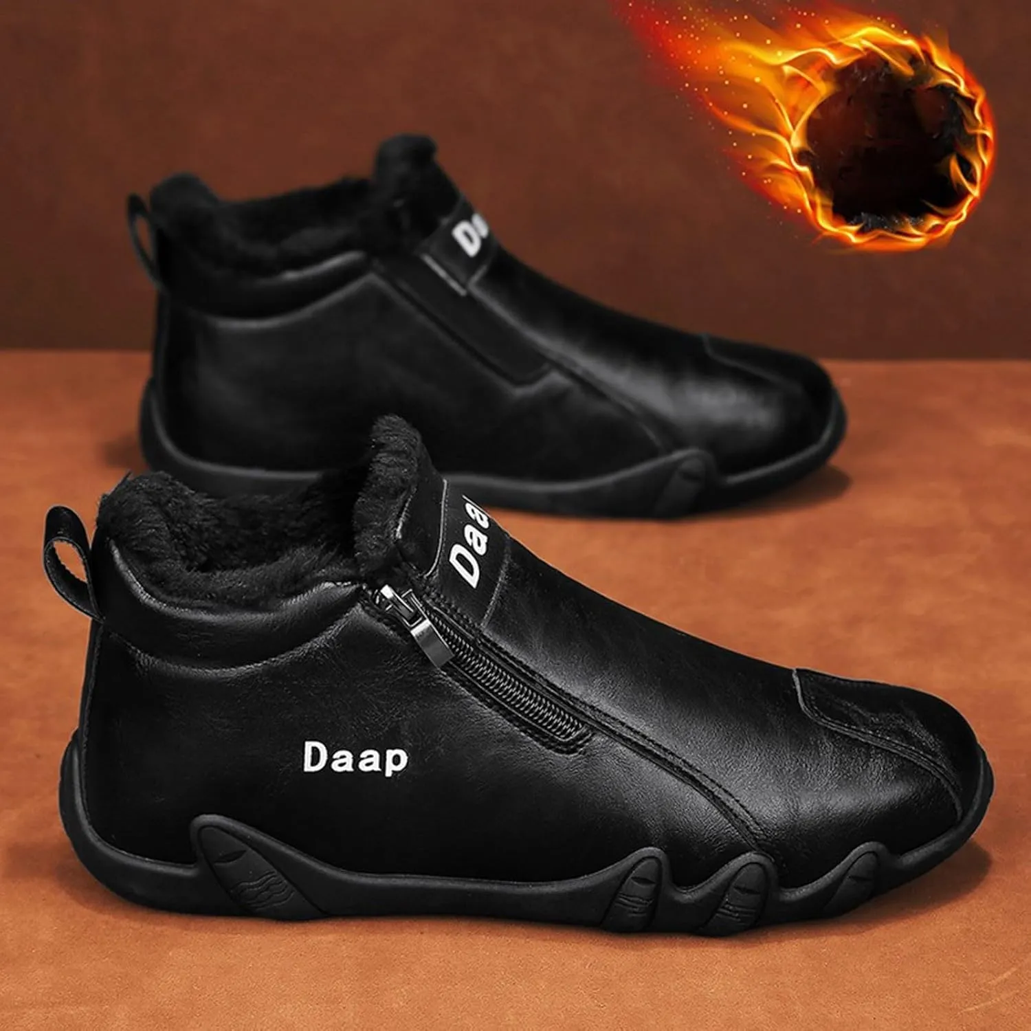Leather Furry Boots for Men Fleece Lined Warm Winter Boots Water Proof Insulated Boots Soft Men's Wide Width Snow Boots