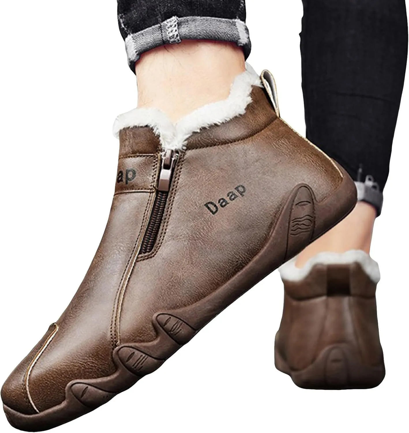 Leather Furry Boots for Men Fleece Lined Warm Winter Boots Water Proof Insulated Boots Soft Men's Wide Width Snow Boots