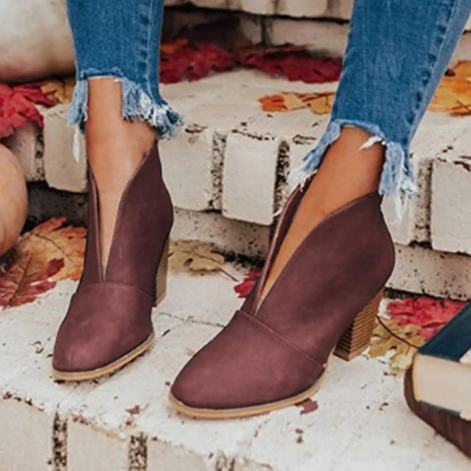 Leather Women Ankle Boots Dressy Boots Short Boots Women Leather Stacked Chunky Heels Women's Fahsion Boots Western