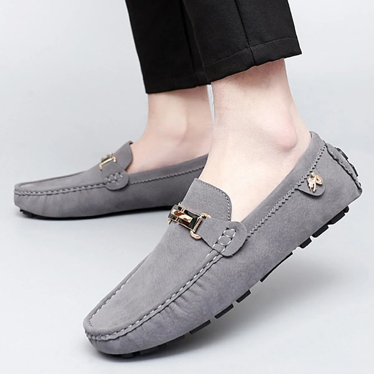 Men's Driving Loafers Slip-On Boat Shoes with Suede Buckle Detail Moccasins