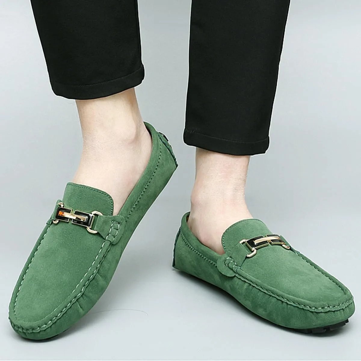 Men's Driving Loafers Slip-On Boat Shoes with Suede Buckle Detail Moccasins