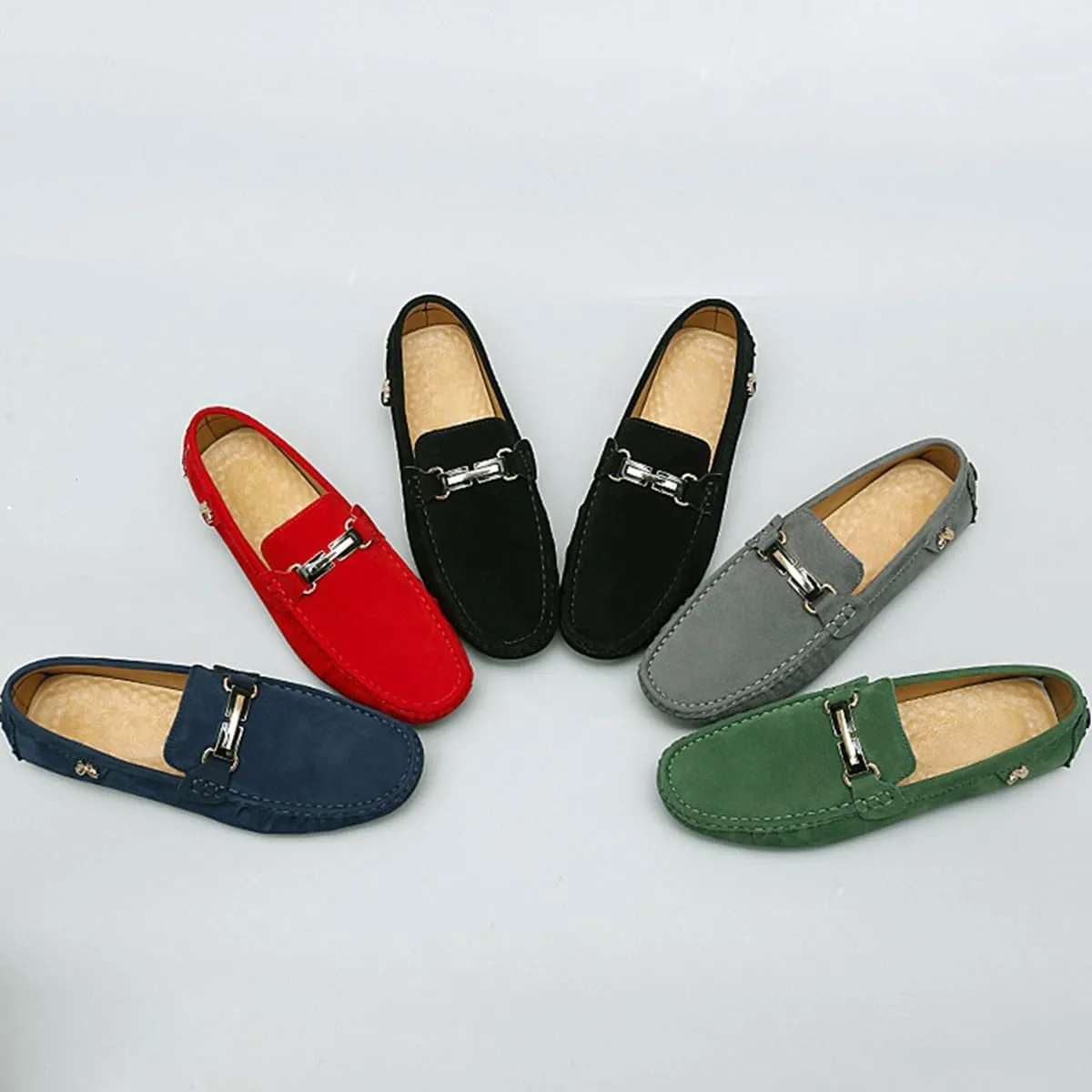 Men's Driving Loafers Slip-On Boat Shoes with Suede Buckle Detail Moccasins