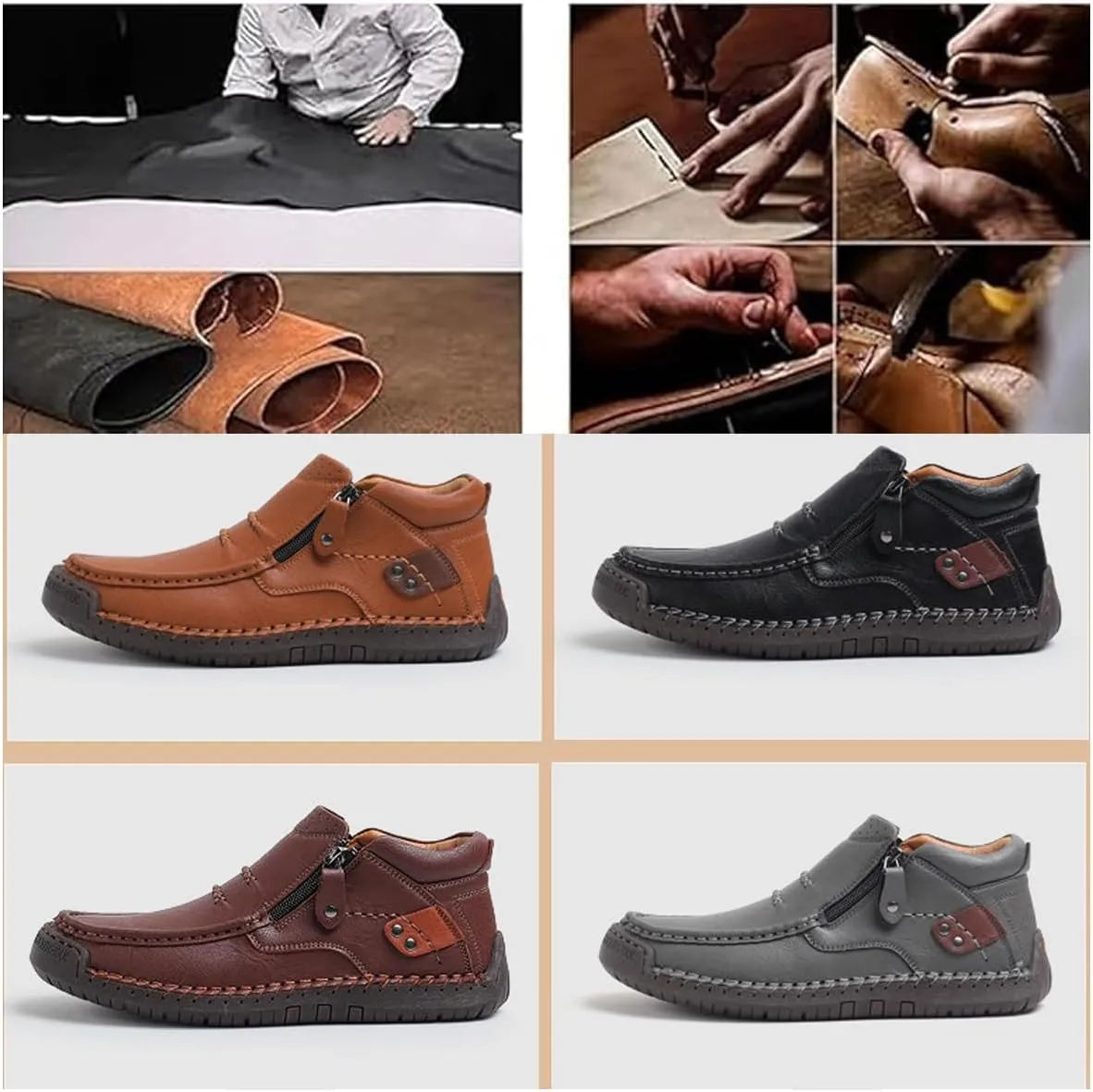 Men's Leather Handmade Platform Shoes Ankle Chukka Boots Fashion Round Toe Side Zipper Mid Top Slip On Loafers forDriving Hiking