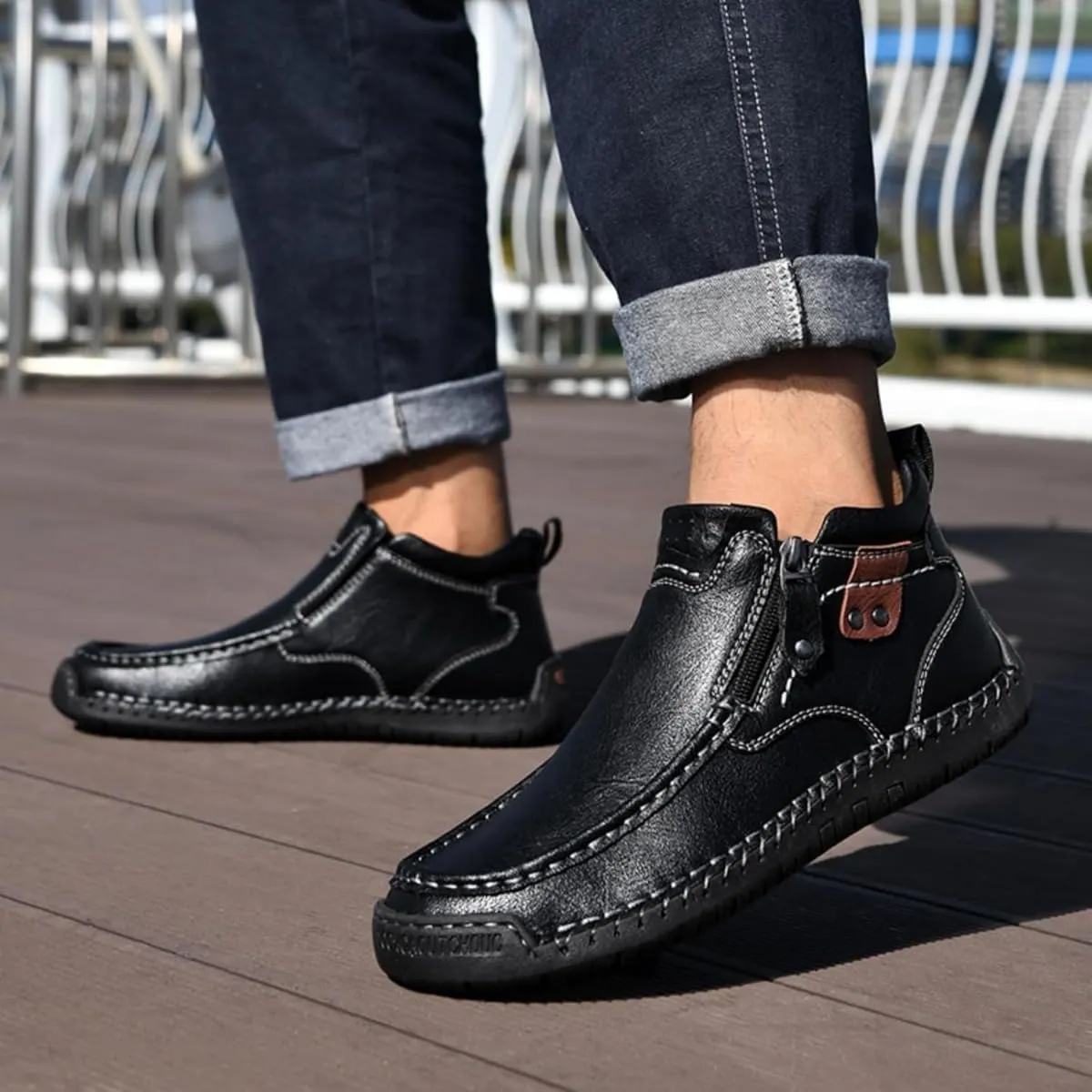 Men's Leather Handmade Platform Shoes Ankle Chukka Boots Fashion Round Toe Side Zipper Mid Top Slip On Loafers forDriving Hiking