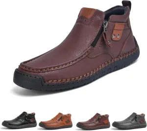 Men's Leather Handmade Platform Shoes Ankle Chukka Boots Fashion Round Toe Side Zipper Mid Top Slip On Loafers forDriving Hiking