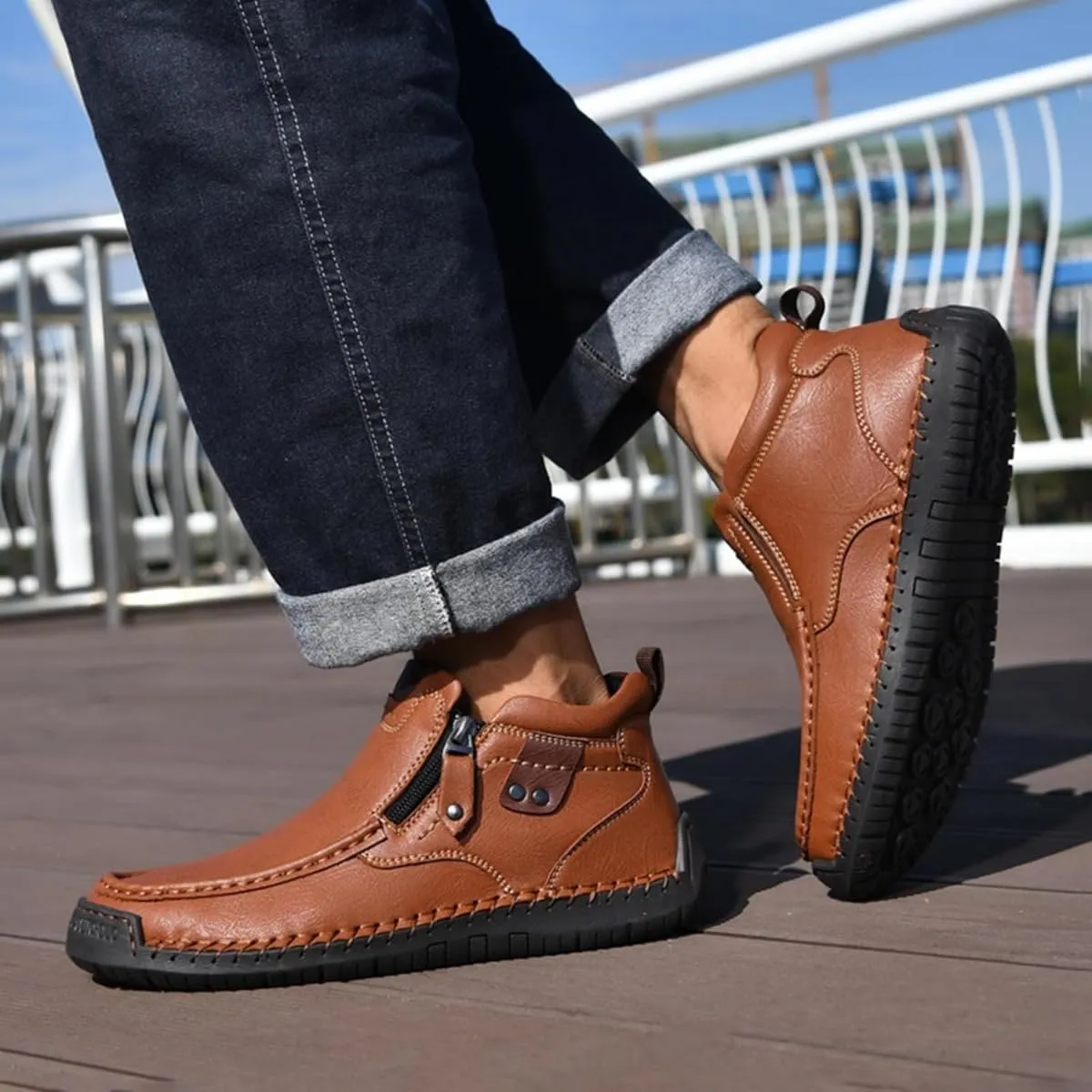 Men's Leather Handmade Platform Shoes Ankle Chukka Boots Fashion Round Toe Side Zipper Mid Top Slip On Loafers forDriving Hiking