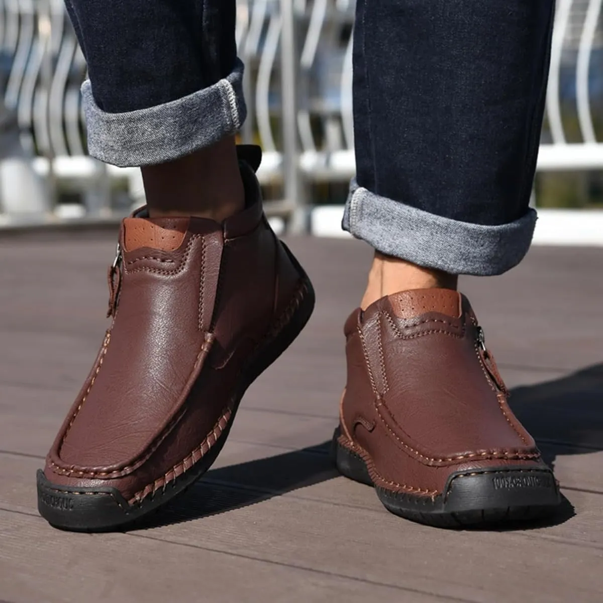 Men's Leather Handmade Platform Shoes Ankle Chukka Boots Fashion Round Toe Side Zipper Mid Top Slip On Loafers forDriving Hiking
