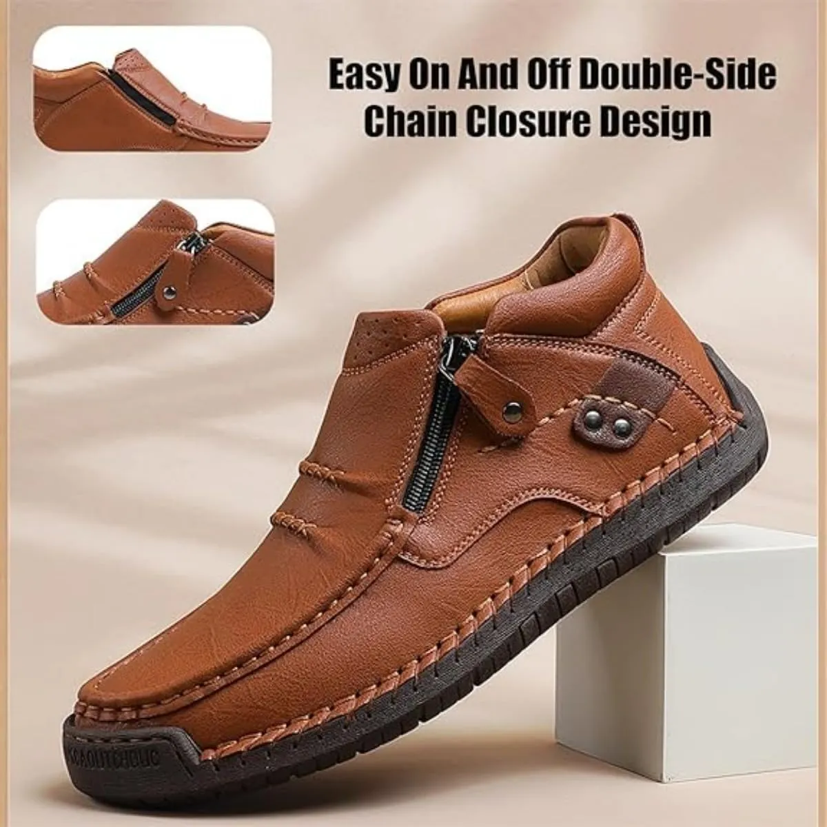 Men's Leather Handmade Platform Shoes Ankle Chukka Boots Fashion Round Toe Side Zipper Mid Top Slip On Loafers forDriving Hiking