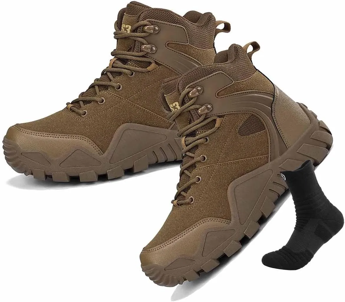 Men's Waterproof Hiking Work Boots, Water Proof Tactical Military Outdoor Desert Combat Boots with Sports Socks Durable Army Combat Boots