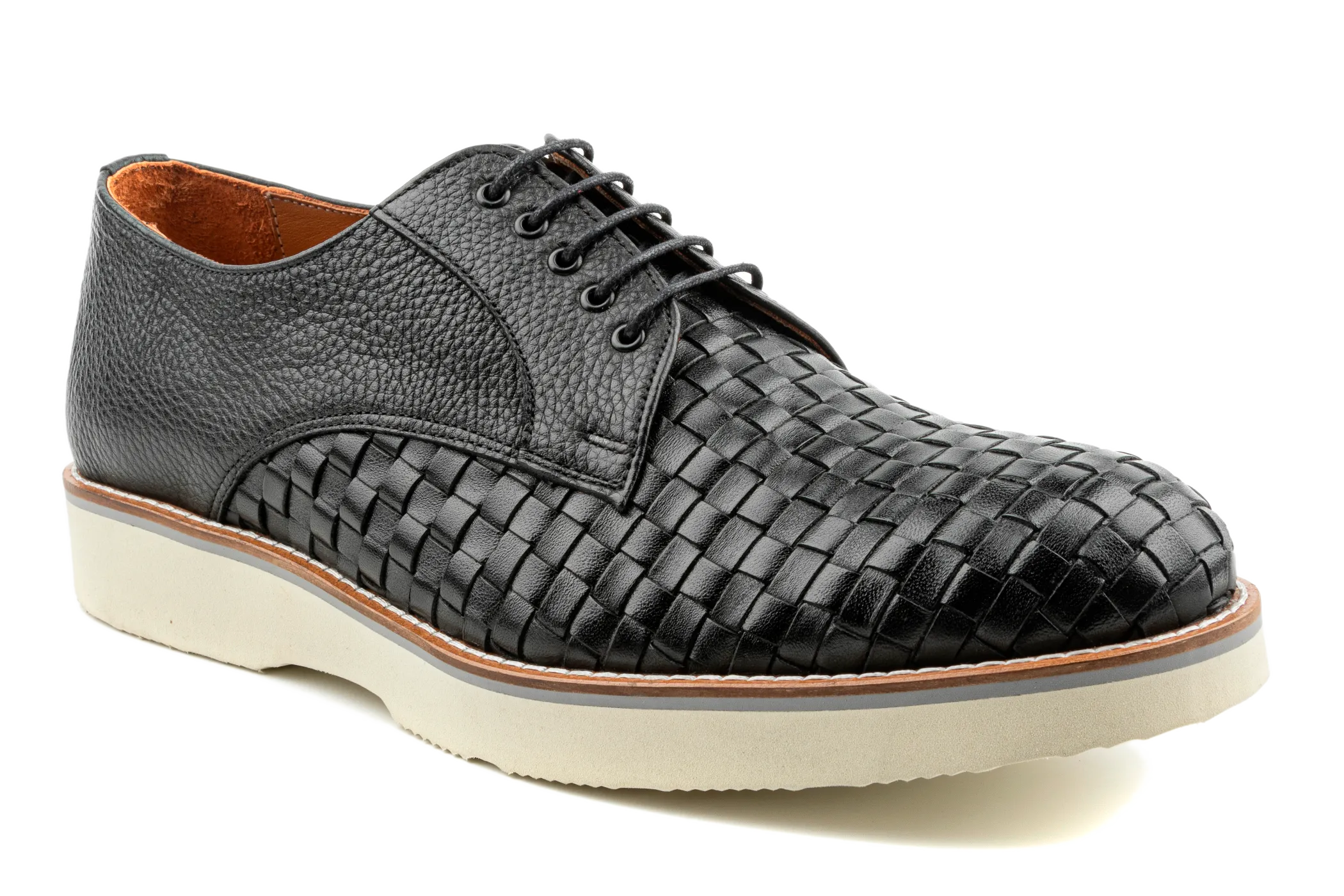 Moe Men's Woven Derby Sneaker, Mix of Top Grain Anilin & Braided Leather, Best Dress Sneakers with EVA Sole and Heels,Black