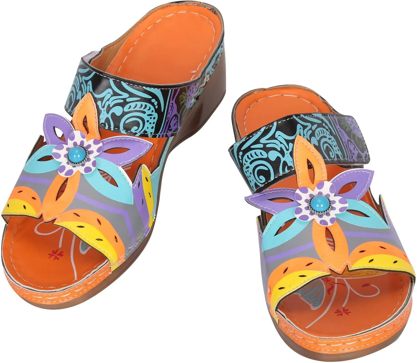 oiangi Womens Sandals 2023 Summer Wedge Orthopedic Sandals with Arch Support Comfy Slip on Flower Hollow Peep Toe Platform Slippers Boho Beach Shoes