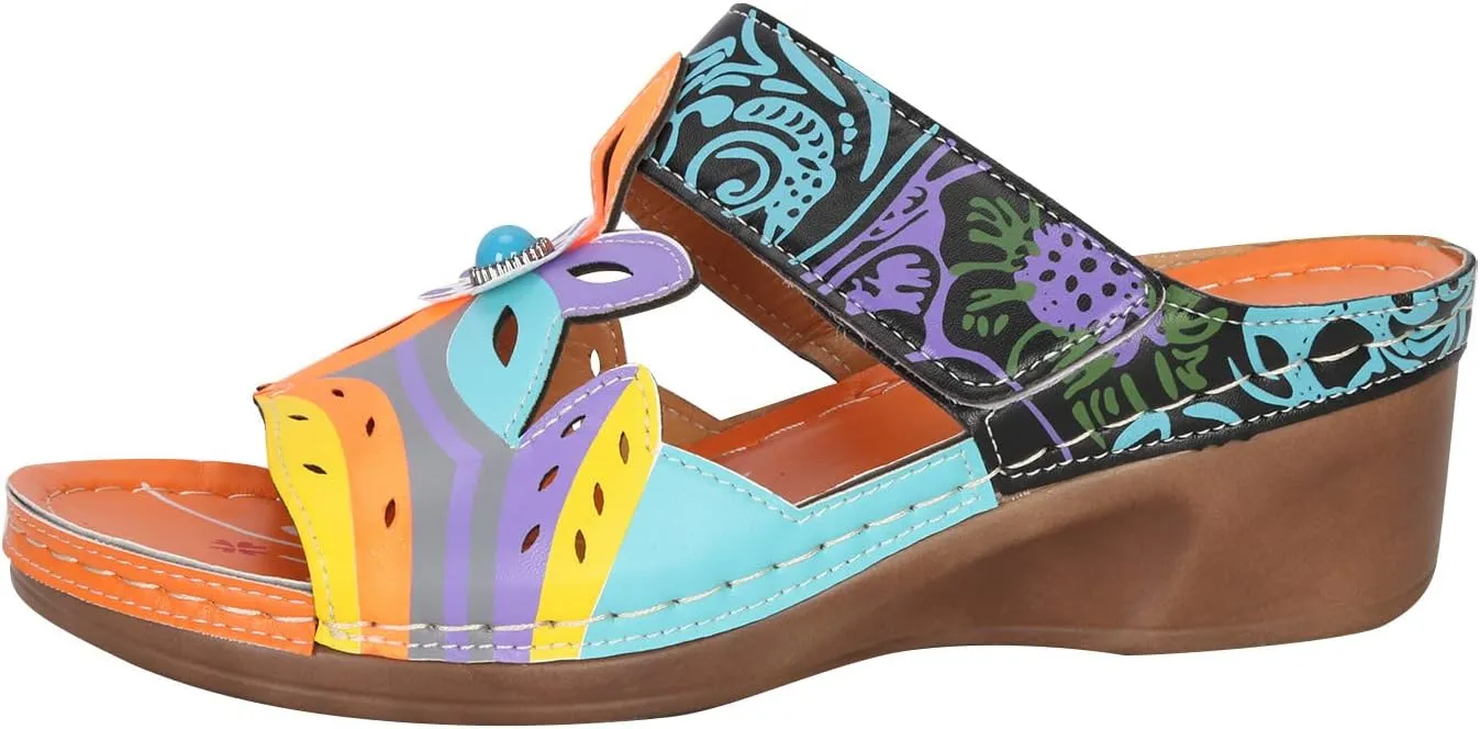 oiangi Womens Sandals 2023 Summer Wedge Orthopedic Sandals with Arch Support Comfy Slip on Flower Hollow Peep Toe Platform Slippers Boho Beach Shoes