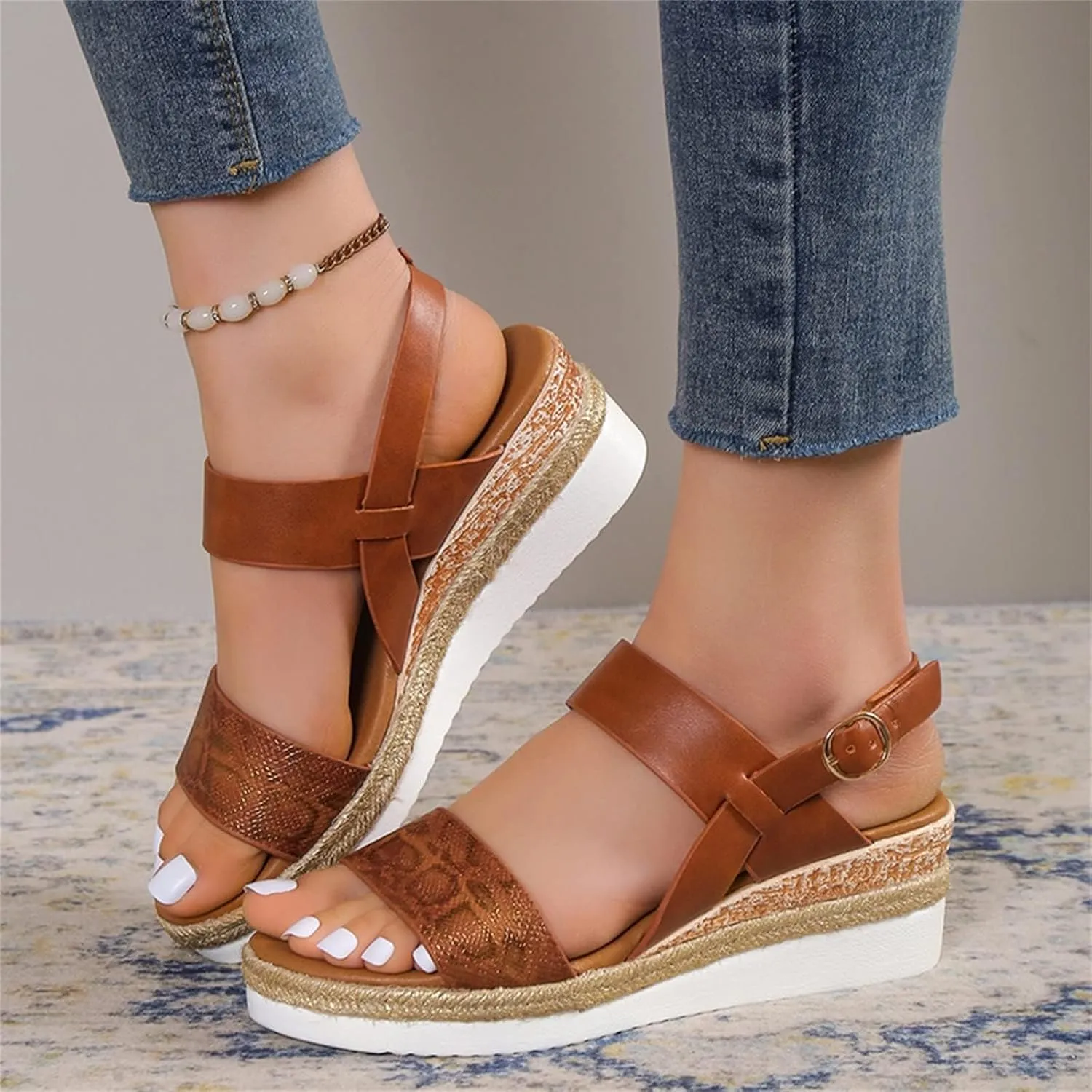 Orthopedic Sandals for Women 2025 Wedges Heels for Women Casual Slip on Sandals Beach Dress Comfortable Platform Sandal Espadrille Raffia Sole Outdoor Platform Sandal 2025
