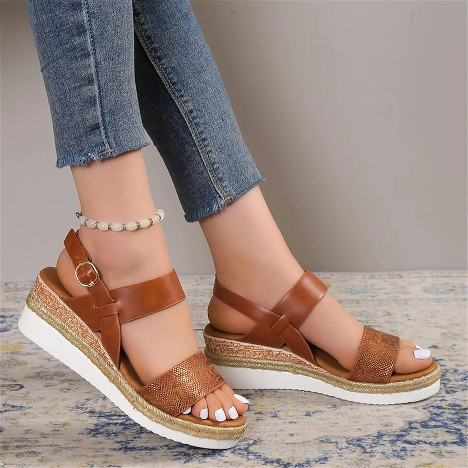 Orthopedic Sandals for Women 2025 Wedges Heels for Women Casual Slip on Sandals Beach Dress Comfortable Platform Sandal Espadrille Raffia Sole Outdoor Platform Sandal 2025
