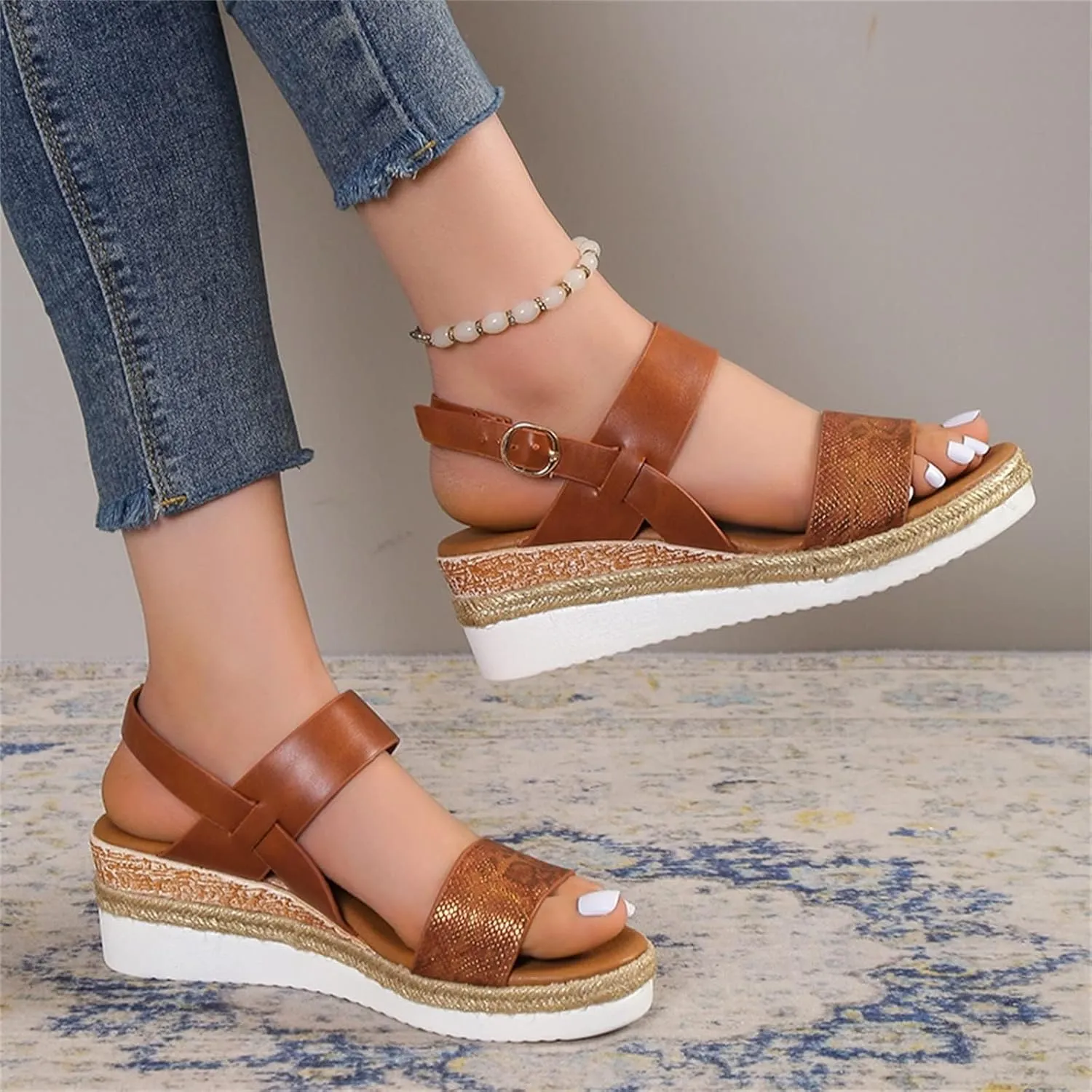 Orthopedic Sandals for Women 2025 Wedges Heels for Women Casual Slip on Sandals Beach Dress Comfortable Platform Sandal Espadrille Raffia Sole Outdoor Platform Sandal 2025