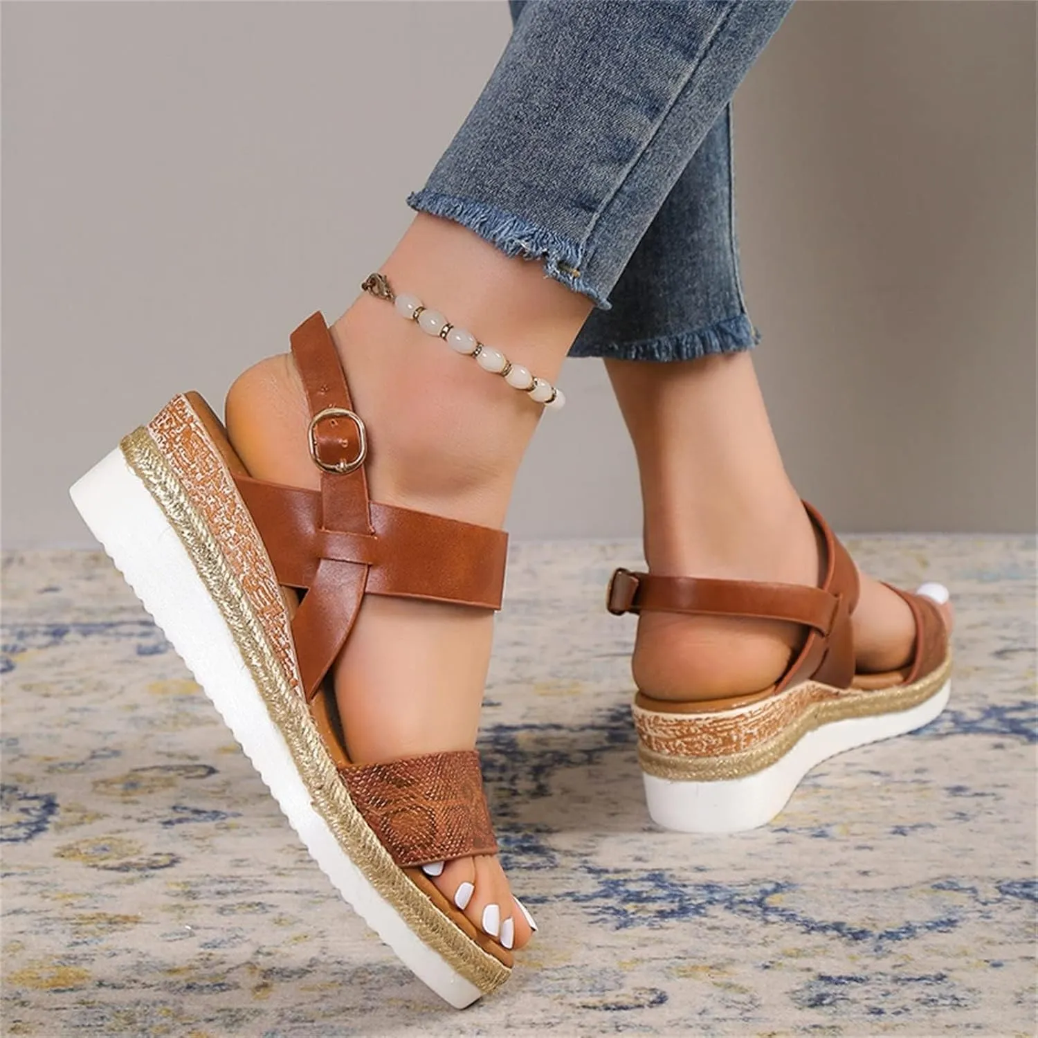 Orthopedic Sandals for Women 2025 Wedges Heels for Women Casual Slip on Sandals Beach Dress Comfortable Platform Sandal Espadrille Raffia Sole Outdoor Platform Sandal 2025
