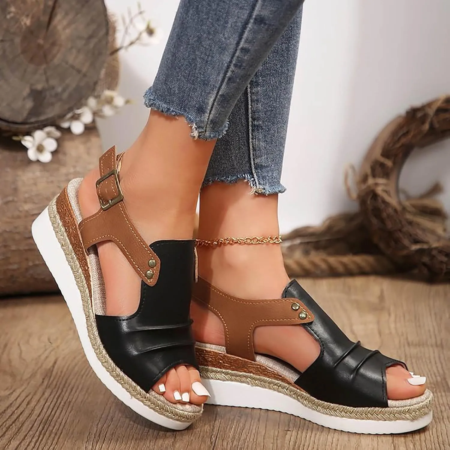 Orthopedic Wedge Sandals for Women Dressy Summer Casual Strappy Low Wedges Sandals Open Toe Strap Platform Ankle Sandals Walking Strappy Slip on Sandals Comfortable Outdoor Shoes