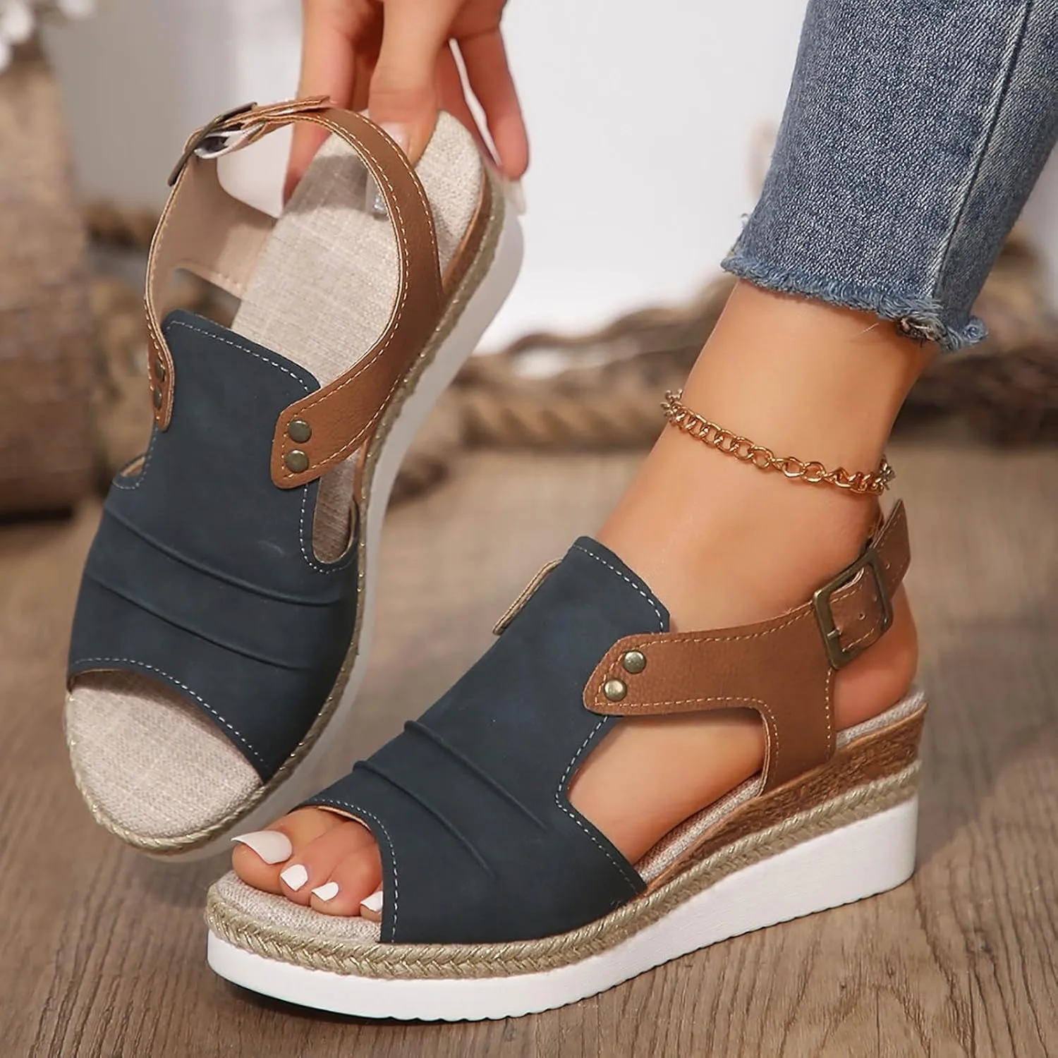 Orthopedic Wedge Sandals for Women Dressy Summer Casual Strappy Low Wedges Sandals Open Toe Strap Platform Ankle Sandals Walking Strappy Slip on Sandals Comfortable Outdoor Shoes