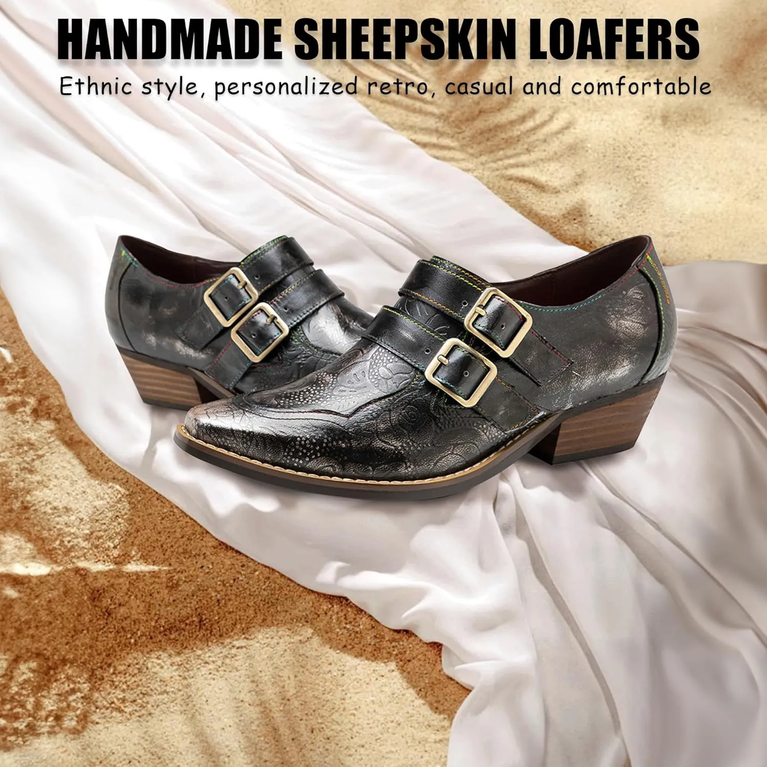 Riutiru Women's Handmade Lambskin Mary Jane Loafers Shoes, Retro Ethnic Print Style and Brock-Style Design