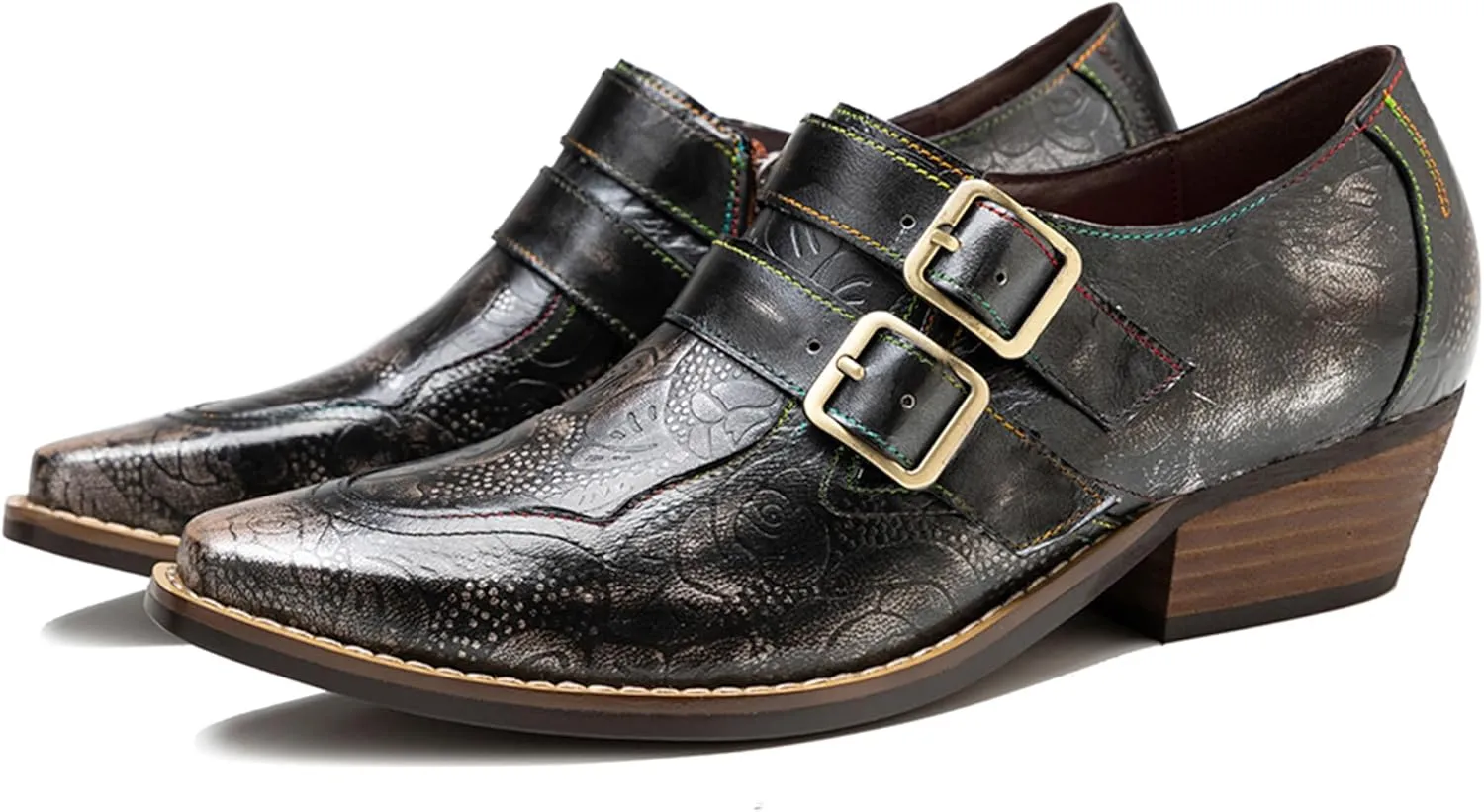 Riutiru Women's Handmade Lambskin Mary Jane Loafers Shoes, Retro Ethnic Print Style and Brock-Style Design