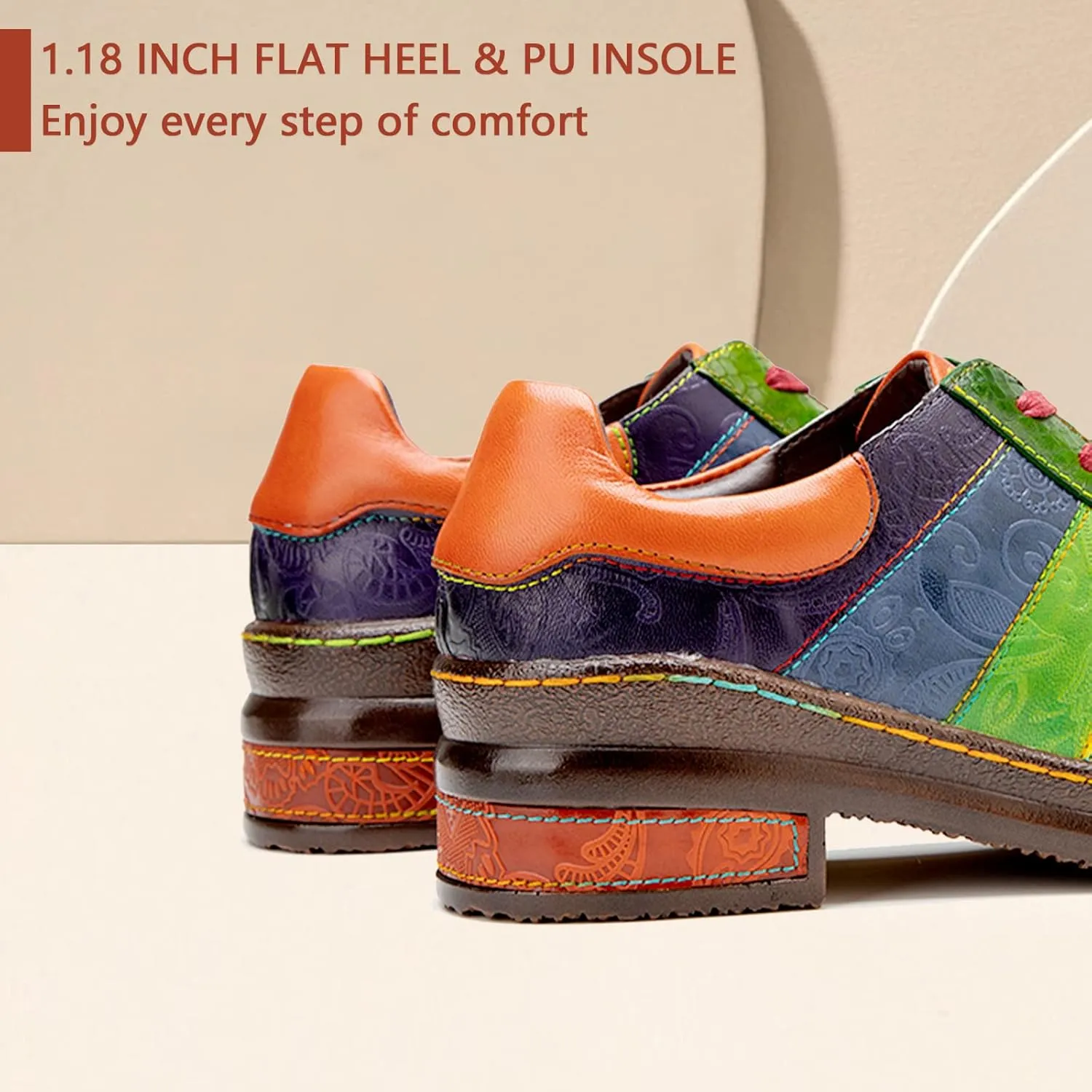 Riutiru Women's Handmade Lambskin Mary Jane Loafers Shoes, Retro Ethnic Print Style and Brock-Style Design