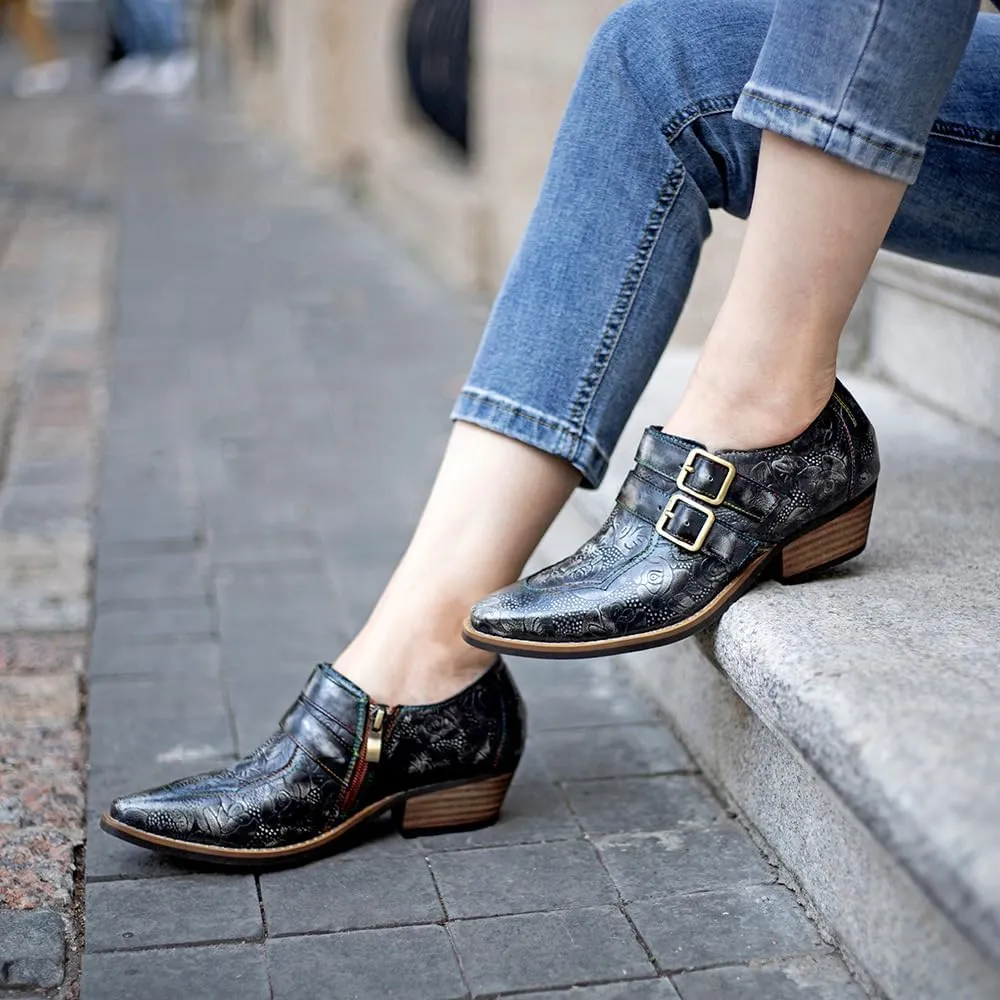 Riutiru Women's Handmade Lambskin Mary Jane Loafers Shoes, Retro Ethnic Print Style and Brock-Style Design