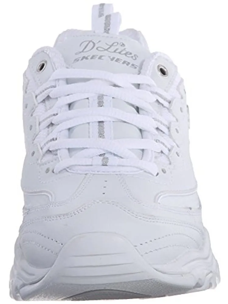 Skechers D'Lites FRES.5 START Memory Foam Lace-up Sneaker White Silver (8.5, White Silver)