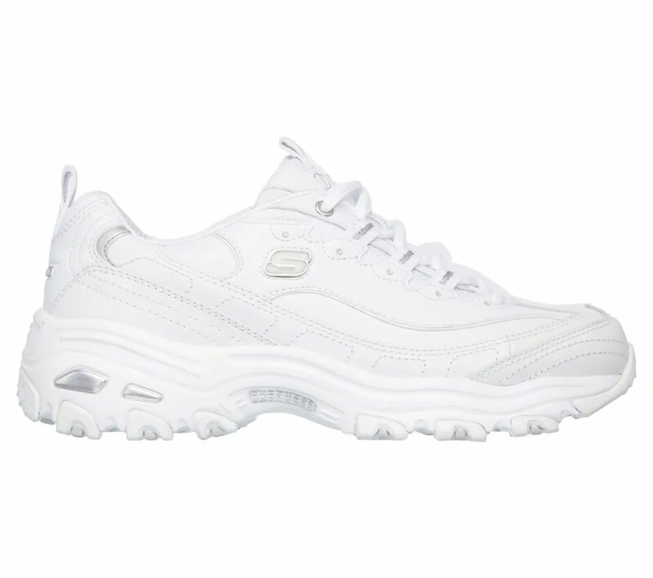 Skechers D'Lites FRES.5 START Memory Foam Lace-up Sneaker White Silver (8.5, White Silver)