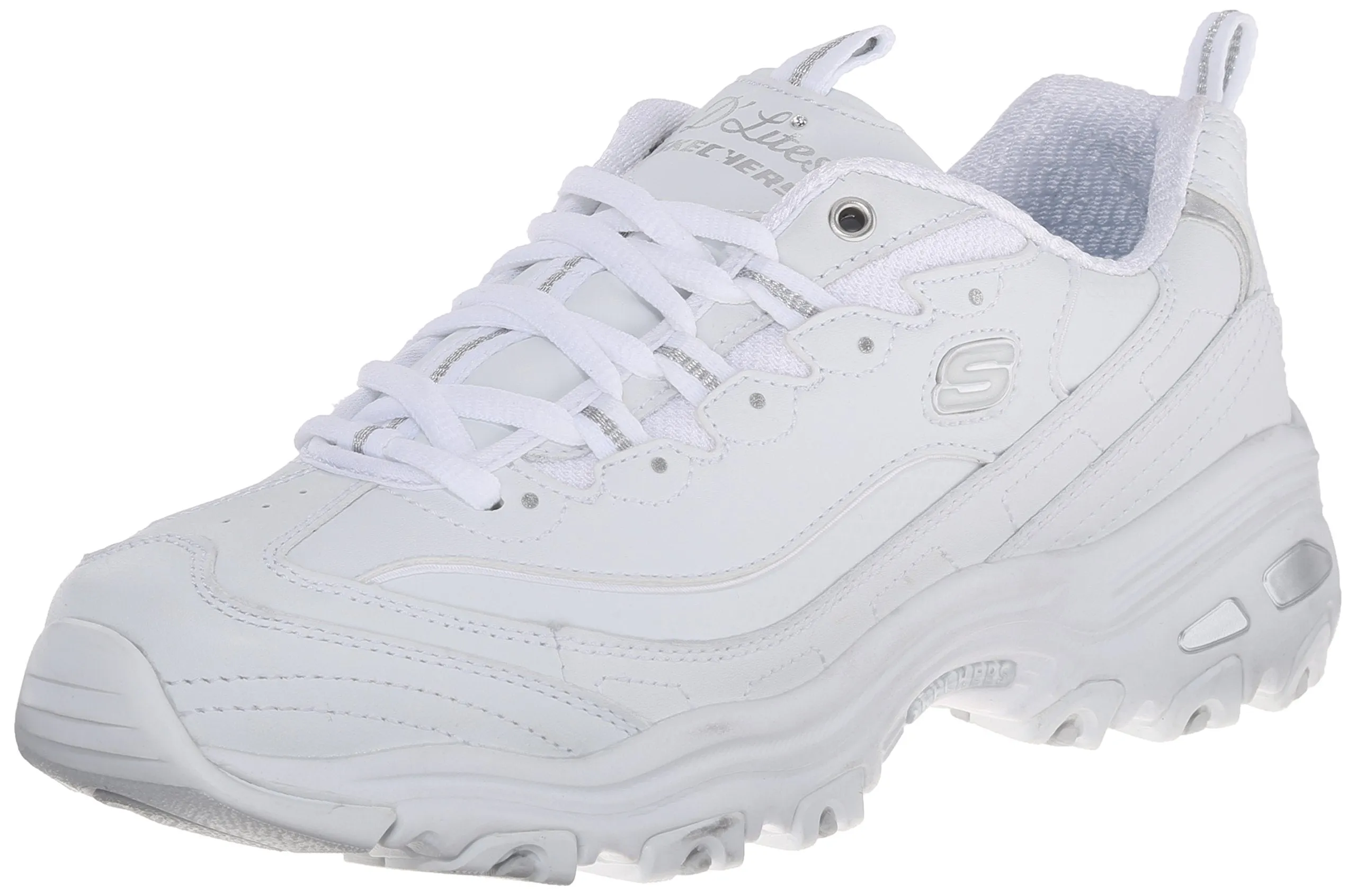 Skechers D'Lites FRES.5 START Memory Foam Lace-up Sneaker White Silver (8.5, White Silver)